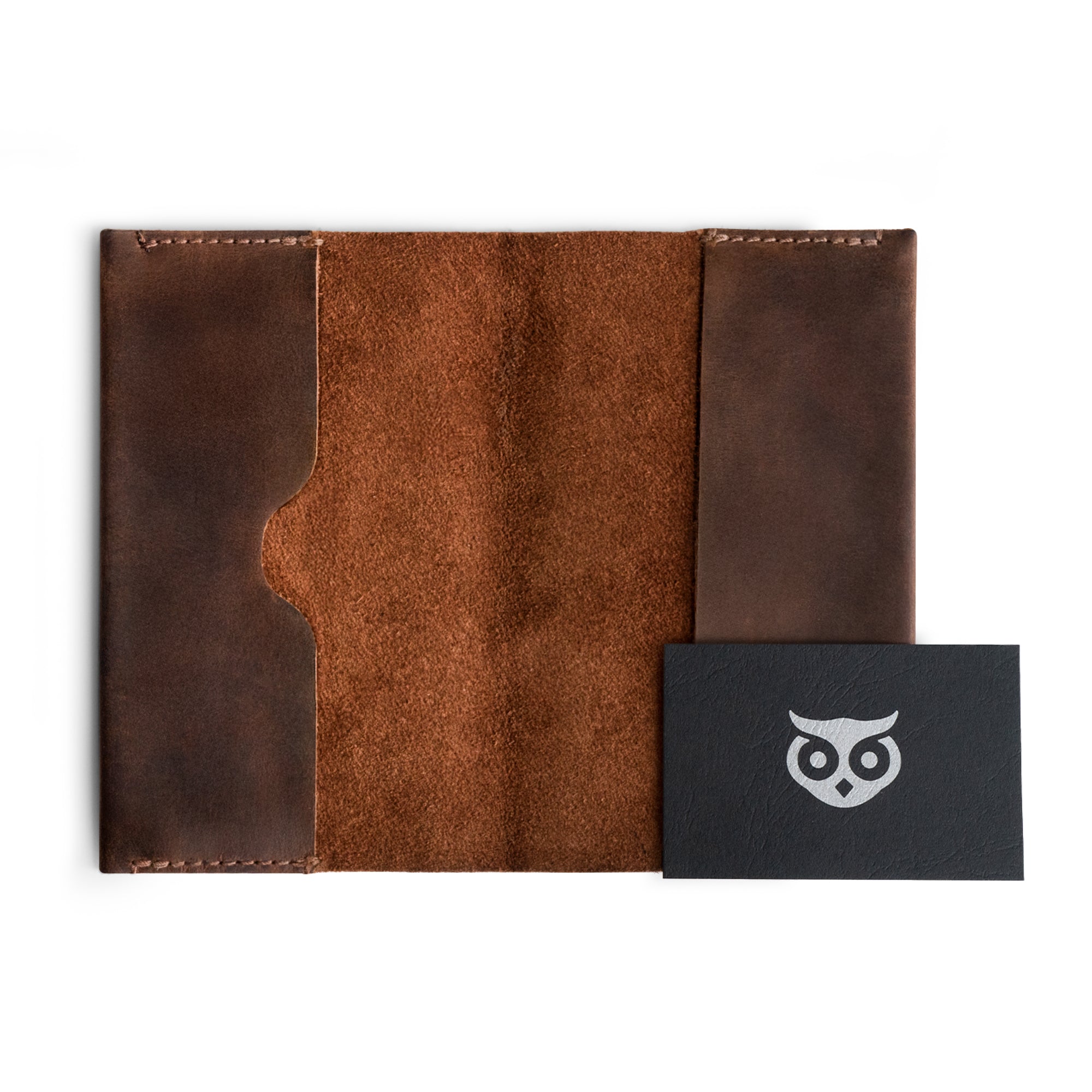 Hide & Drink Field Notes Cover in an open position, featuring spacious interior for a pocket-sized memo books cover compatible with Field Notes (3.5 x 5.5 in.) journal case and card slot. Crafted from full grain leather for durability and style.
