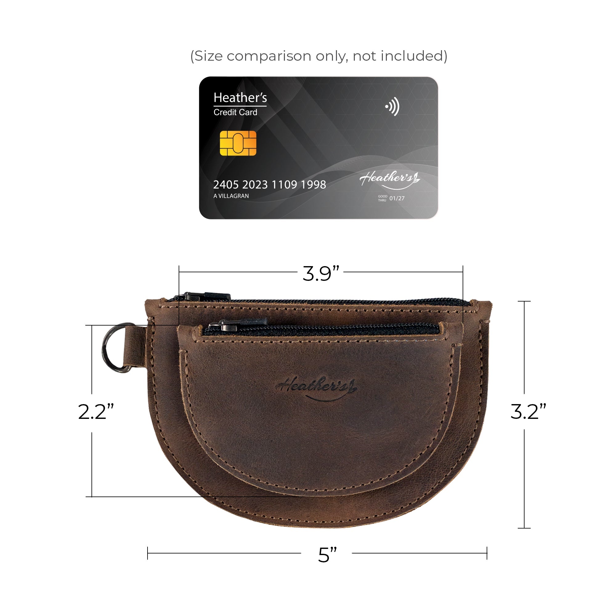 Heather's Semi-Circular Double Wallet size comparison with a credit card, underlining its functionality as a coin pouch, money holder, and USB storage solution. This handmade wallet showcases quality Full Grain Leather craftsmanship from artisans in La Antigua Guatemala.