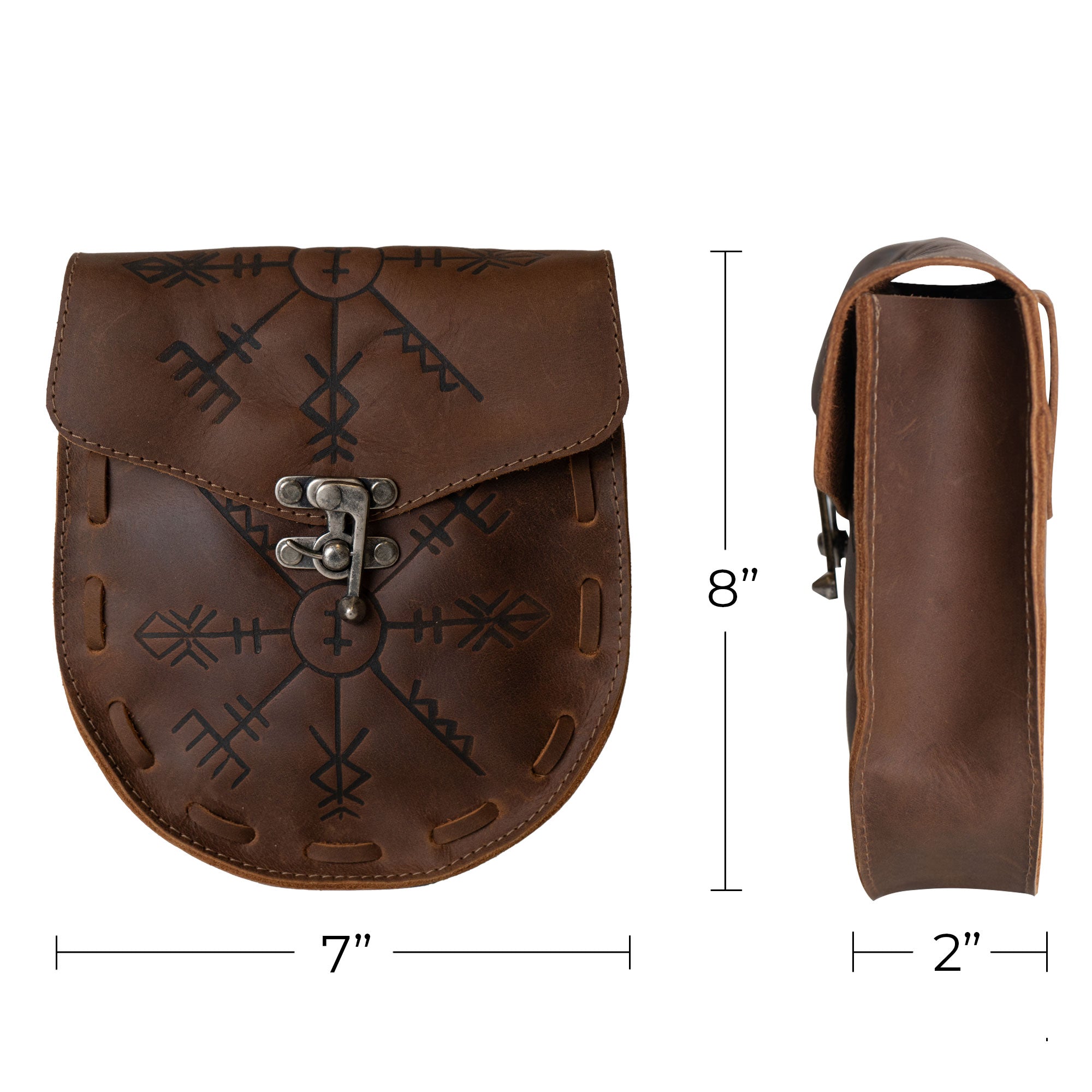 Dimensions of the Rune Belt Pouch by Hide & Play, illustrating its design size. This medieval style waist bag is the perfect Viking accessory, made from robust full grain leather, handcrafted in La Antigua Guatemala utilizing artisan methods.