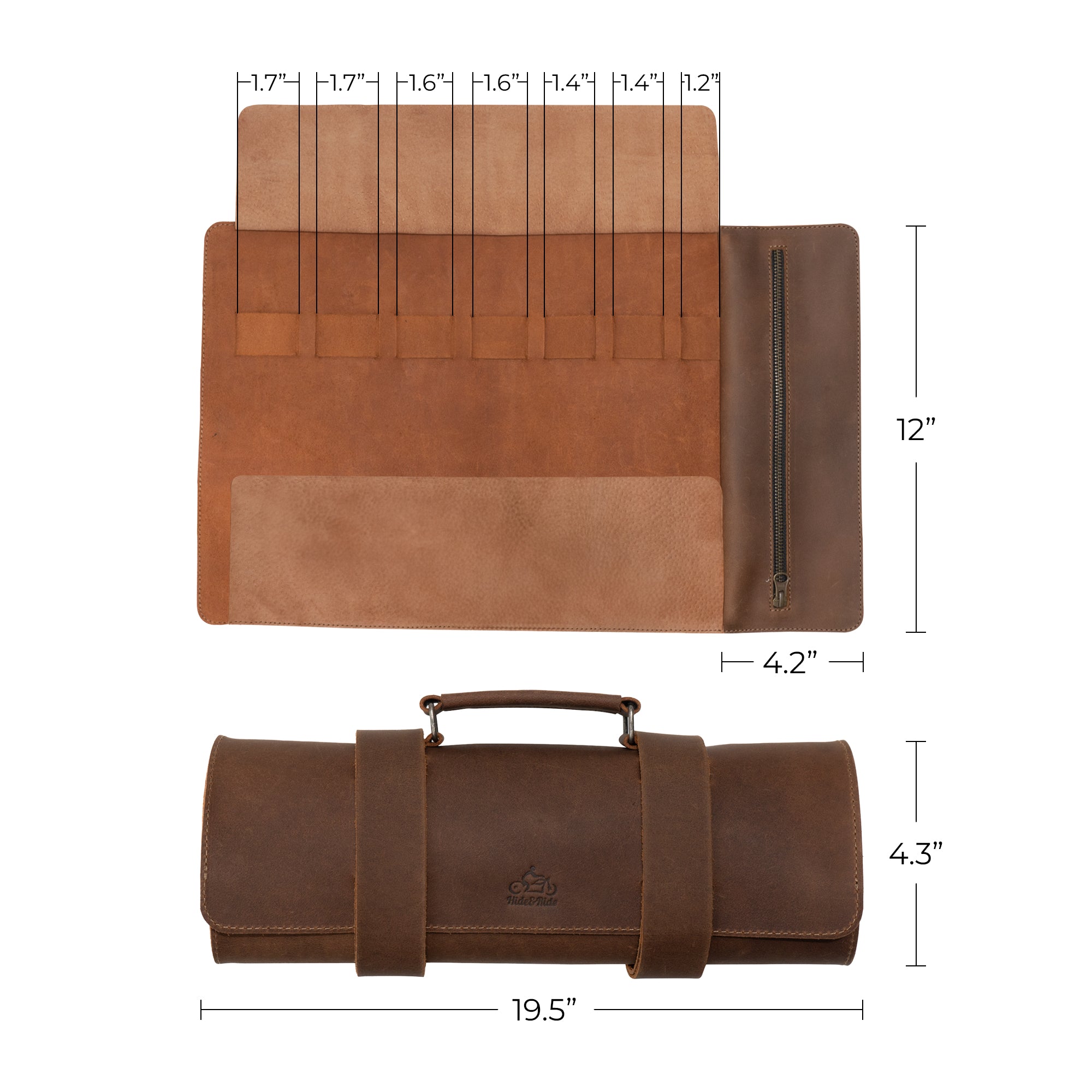 Detailed dimensions of the Tool Roll for Bikers laid out, presented by Hide & Ride. This Motorcycle Tool Bag functions perfectly as a Universal Saddlebag for Motorcycle or Fork Bag for Bikers, showcasing the robust Full Grain Leather material. Experience the quality of Small Batch Production with its Hand Cut and Hand Sewn characteristics, crafted by artisans in La Antigua Guatemala & Oaxaca Mexico.