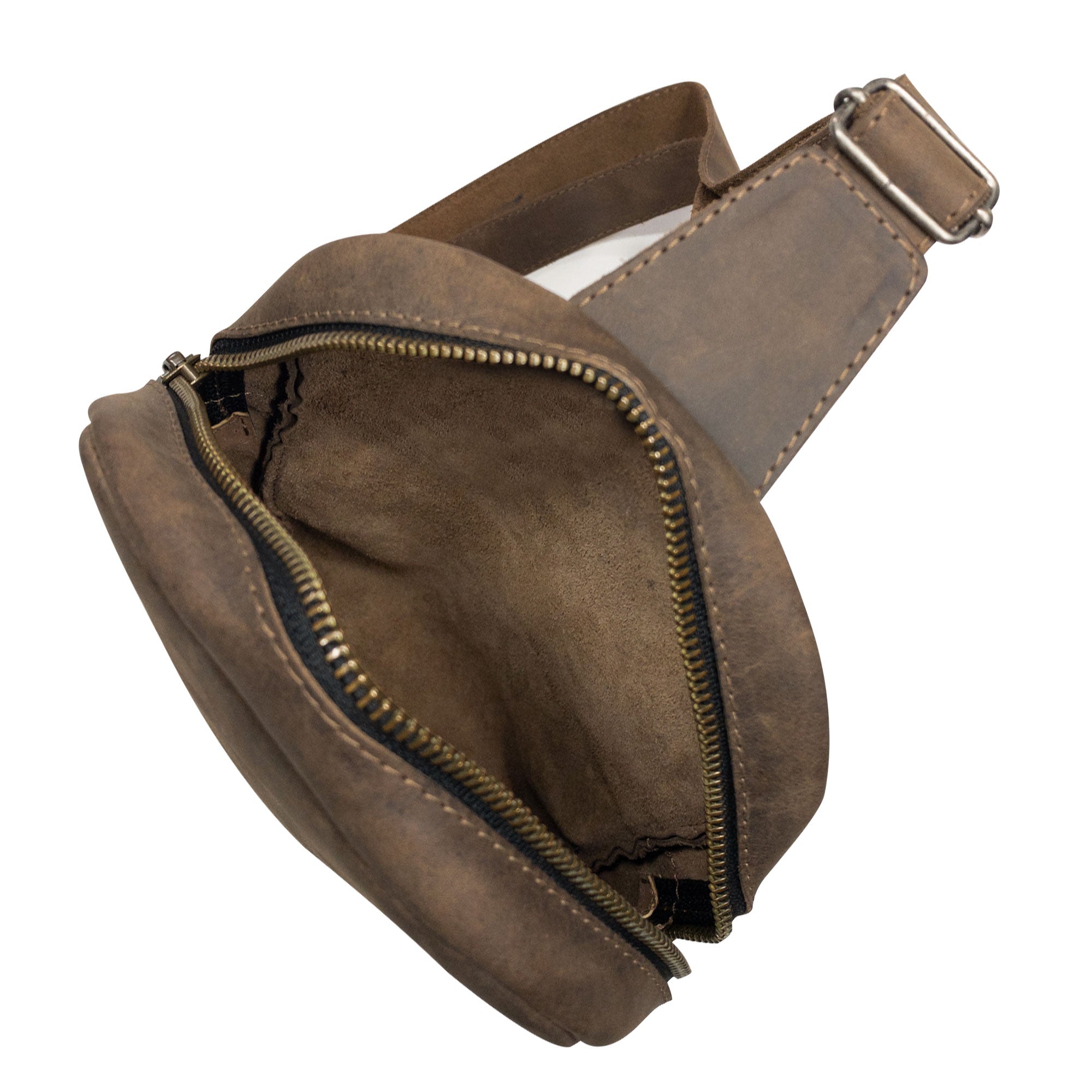 Open view of the Hide & Drink Crossbody Rounded Bag, showing the spacious interior. This Rounded Crossbody Bag with Adjustable Strap, made from Full Grain Leather, is a practical travel accessory that embodies the artisan and handmade quality from La Antigua Guatemala & Oaxaca Mexico.