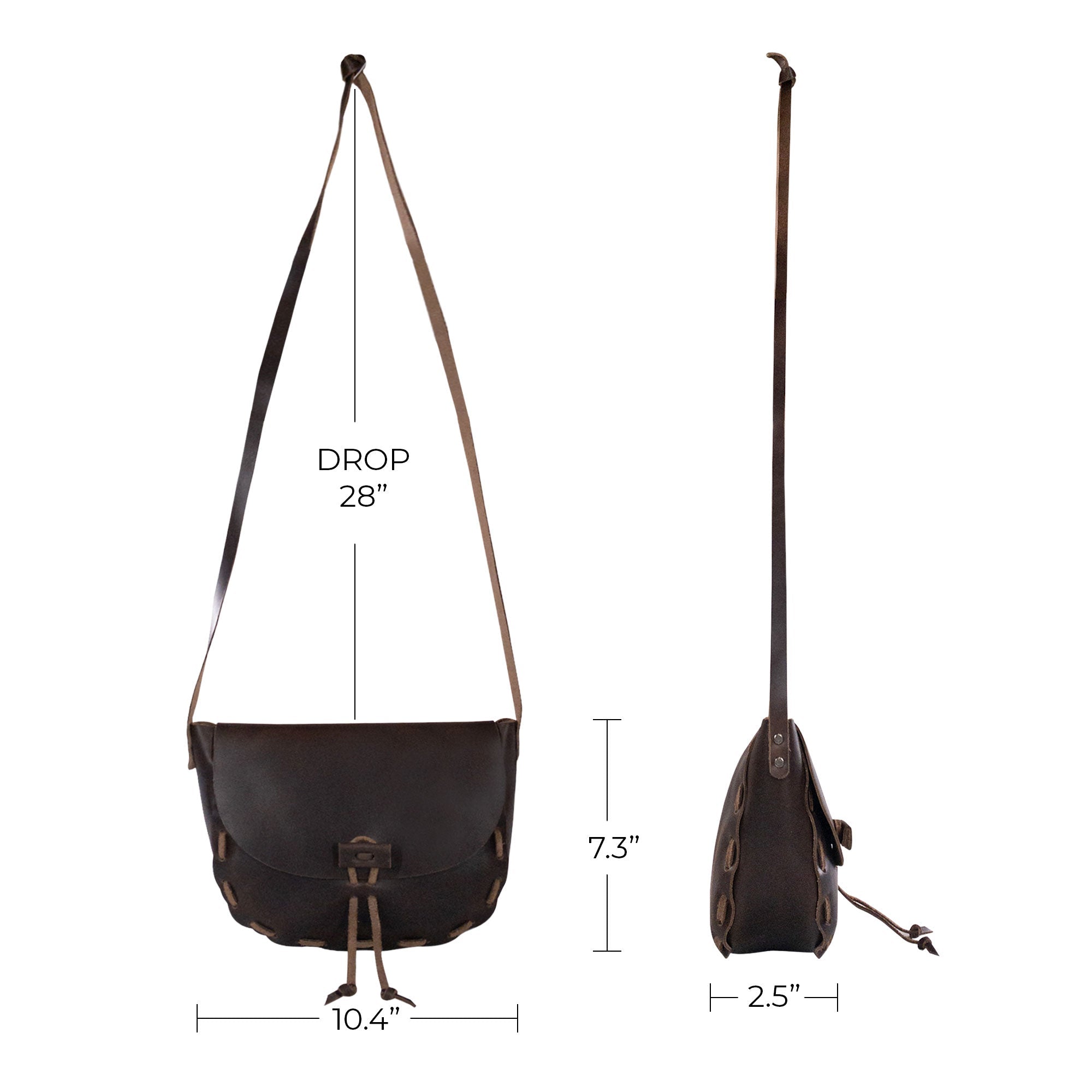 Medieval Style Shoulder Bag by La Antigua displayed with its care tag. This unique crossbody bag combines practicality and vintage charm. Crafted from Full Grain Leather, it exemplifies the craftsmanship of handmade artisan products, featuring small batch production with hand cut and hand sewn details, made in La Antigua Guatemala & Oaxaca Mexico.