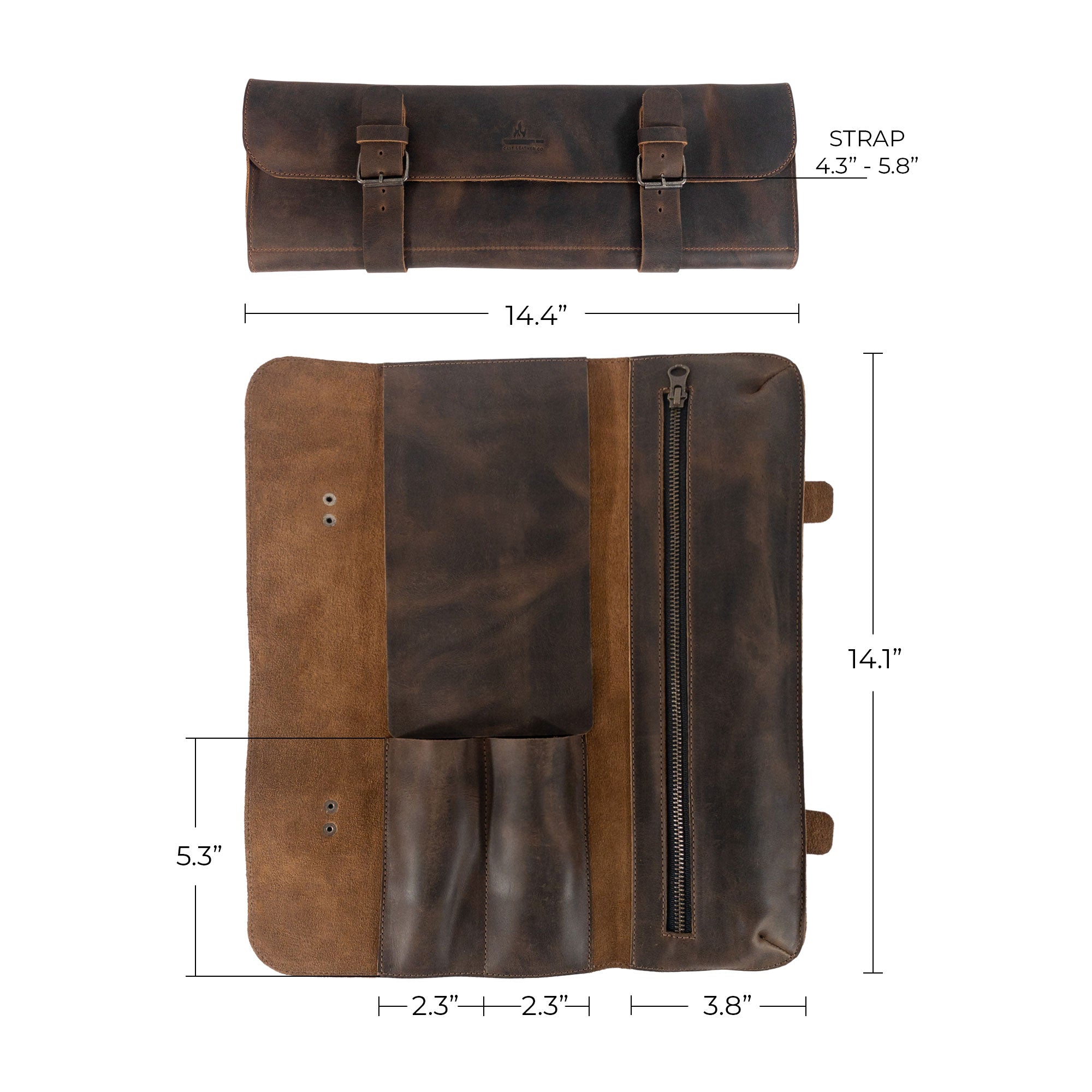 Utility Knife Roll by Cast Leather Co. packaged elegantly with branded tags, showcasing its premium full grain leather construction. This rectangular roll for cutting essentials is a perfect gift highlighting artisan-made products from La Antigua Guatemala & Oaxaca Mexico.