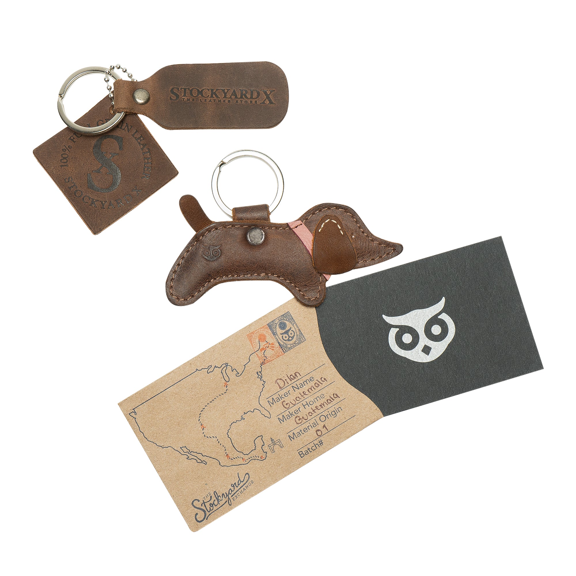 Dog Critter Key Chain from Hide & Drink, along with brand card, showcasing artisan craftsmanship. This Animal Key Ring Holder is made from quality Full Grain Leather, perfect for any dog lover. Handmade in La Antigua Guatemala & Oaxaca Mexico.