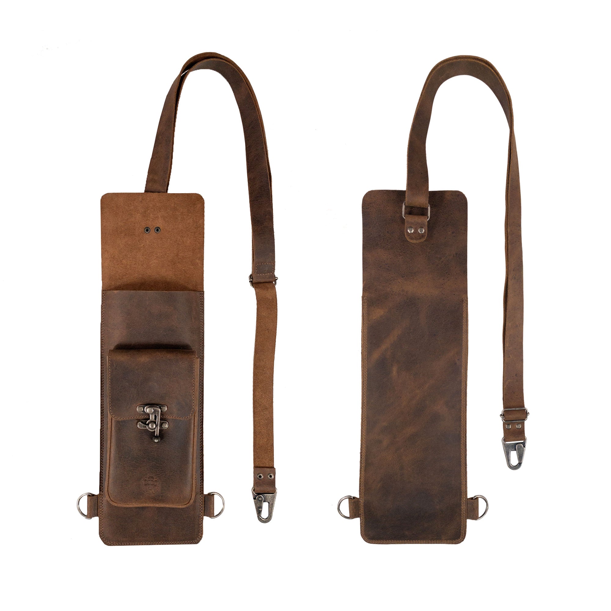 The front and back of Valhalla Gear's Rectangular Archery Back Arrow Holder, a vintage quiver for shooting practice, highlighting its rustic full grain leather finish with artisan details, handmade in La Antigua Guatemala.
