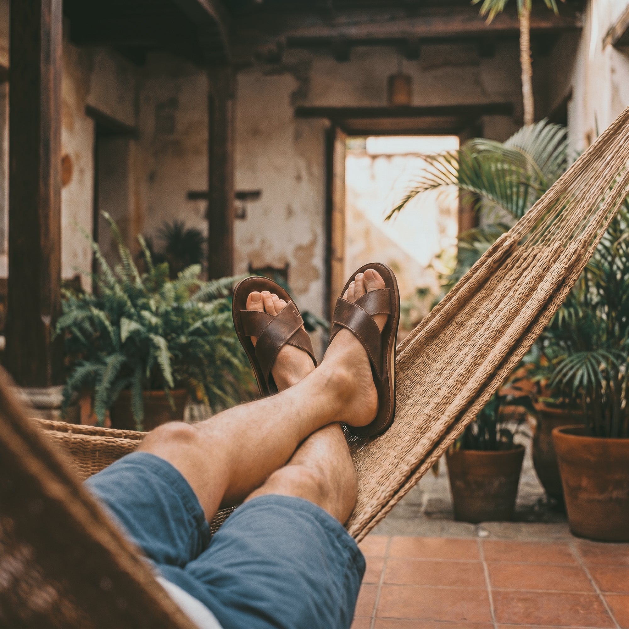 A relaxed scene showing a person wearing The Wanderer Arch Comfort Sandals while lounging in a hammock. By La Leche, this pair offers soft cushioning and arch support, making them ideal for both indoor and outdoor environments. Artisanal craftsmanship and high-quality materials highlight their unique appeal.