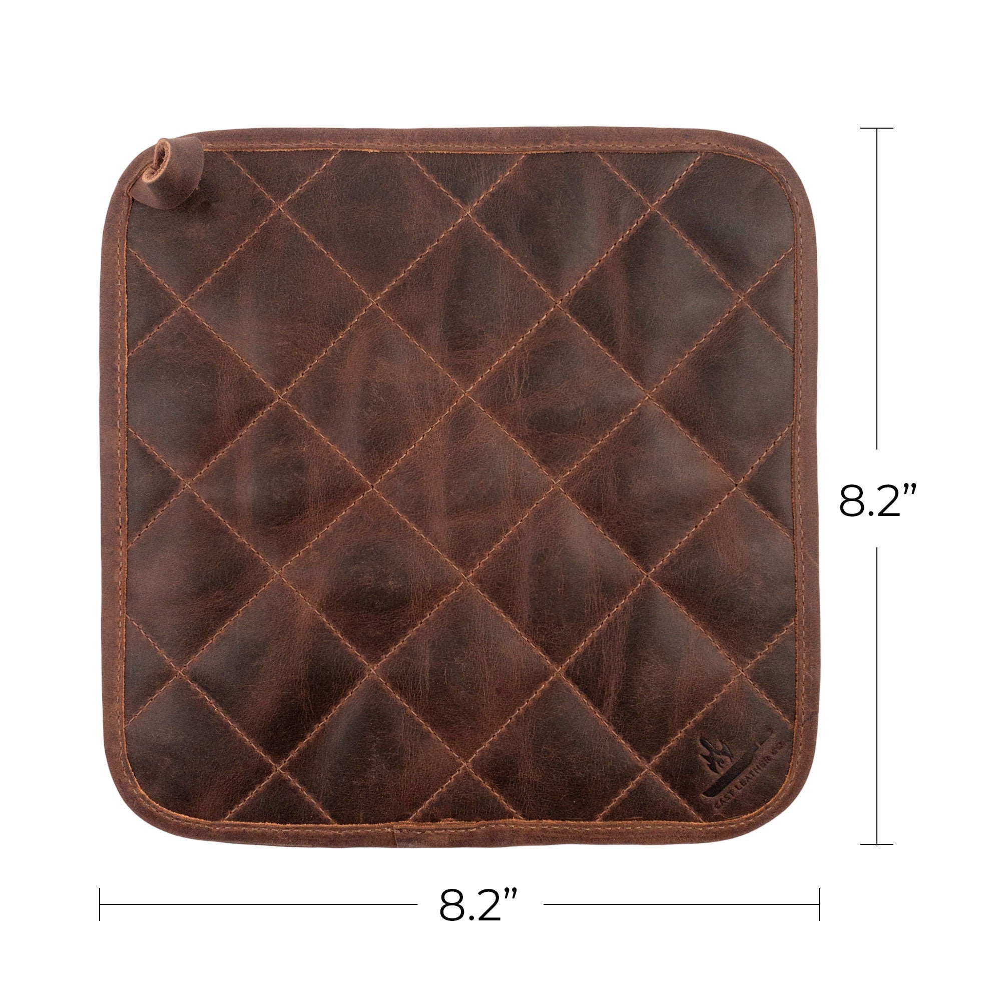 The Cast Leather Co. Squared Hot Pot Pad with measurement details displayed next to it, illustrating its practical size. This Squared Oven Mitt Heat Resistant, Hot Pot Pad (Potholder) is vital for bakery supplies, made from full grain leather and sheepskin. Crafted via small batch production, this handmade item is fire branded and produced by artisans in La Antigua Guatemala & Oaxaca Mexico.