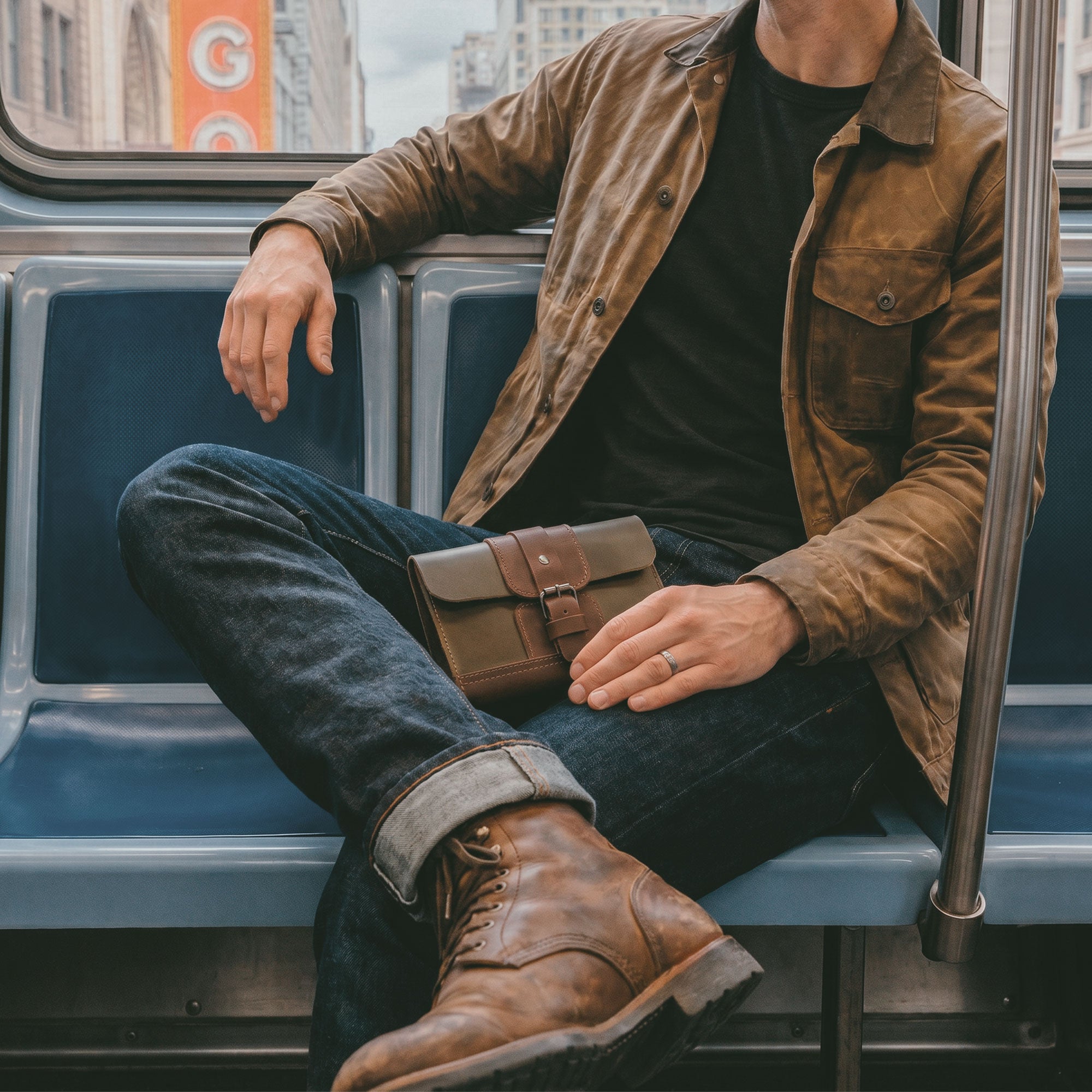 Person sitting on public transport holding the Adventurer Field Notes Cover by Littlefield Chicago. This Adventurer Journal Cover for Field Notes (3.5 x 5.5 in. Notebook not Included) is the perfect Notebook Holder and Journaling Accessory for Outdoors. Crafted from Full Grain Leather, it’s a stylish refillable Travel Sleeve that showcases artisan, hand cut, hand sewn details made in small batches in La Antigua Guatemala and Oaxaca Mexico.