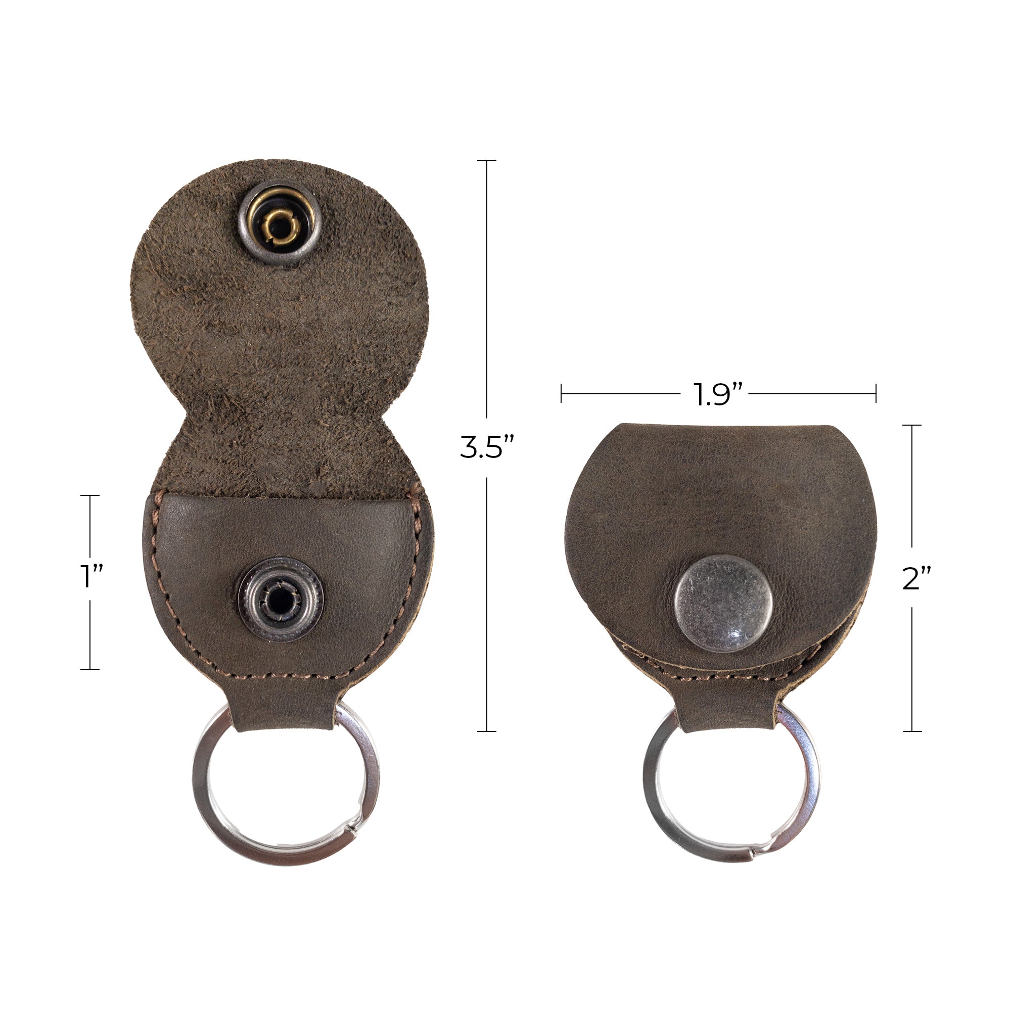 Dimensions of the Key Chain & Guitar Pick Holder by Hide & Drink highlighted in a detailed image. This Guitar Pick Holder with Ring fits perfectly in the hand and serves as a compact key organizer for guitar players. Crafted from premium Full Grain Leather, it embodies small batch production, reflecting Hand Cut and Hand Sewn artistry, featuring a fire branded logo, handmade in La Antigua Guatemala & Oaxaca Mexico.