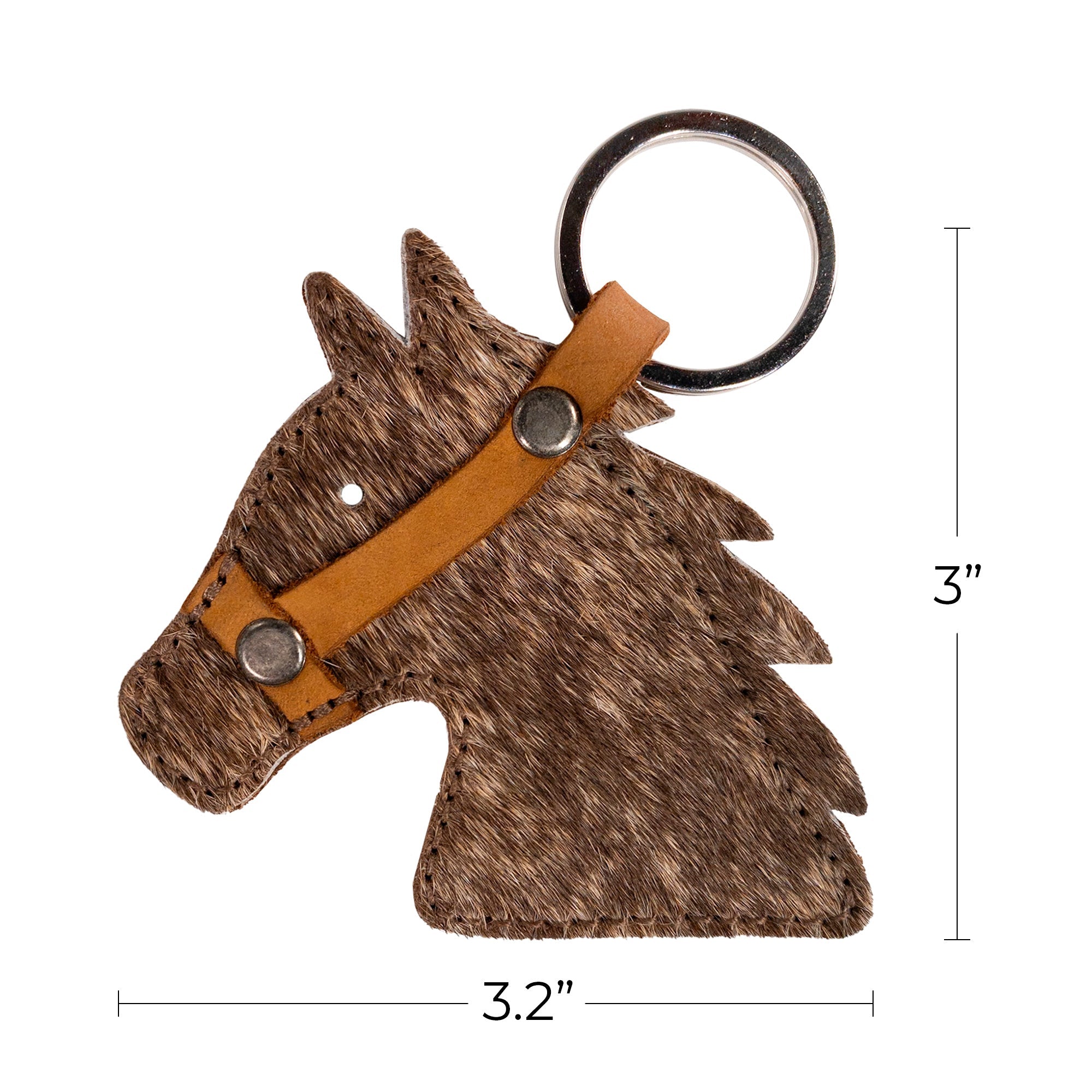 Dimensions of the Cowboy Stallion Head Keychain by Western Leather Works shown, measuring 3.2 inches tall. This authentic piece is crafted from Full Grain Leather in La Antigua Guatemala & Oaxaca Mexico, embodying the essence of handmade artisan work.