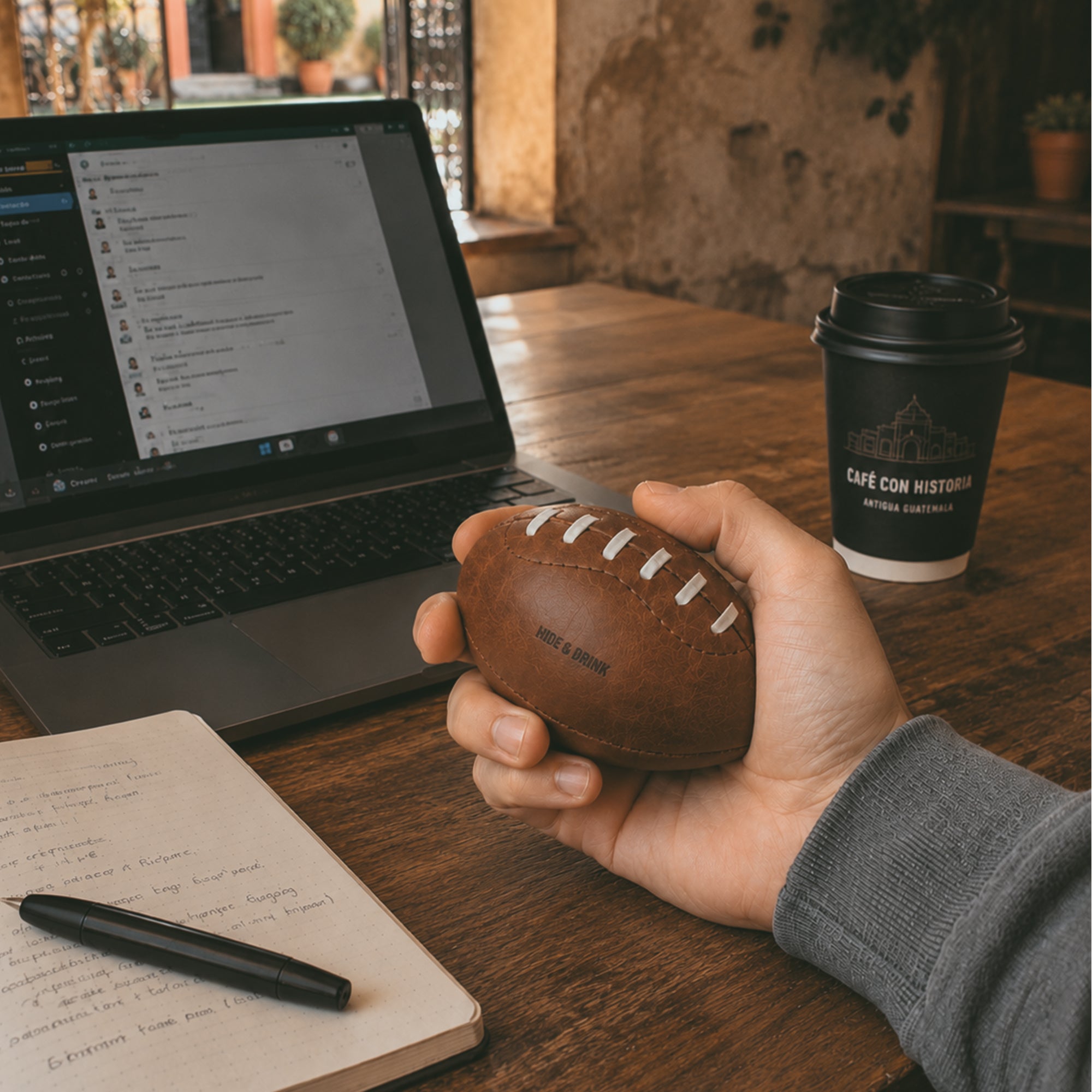 A hand gripping a Mini American Football by Hide & Drink, illustrating its perfect fit and unique shape. Made from high-quality full grain leather, this handstitched football is a memorable decorative item and an artisan keepsake, made in La Antigua Guatemala & Oaxaca Mexico.