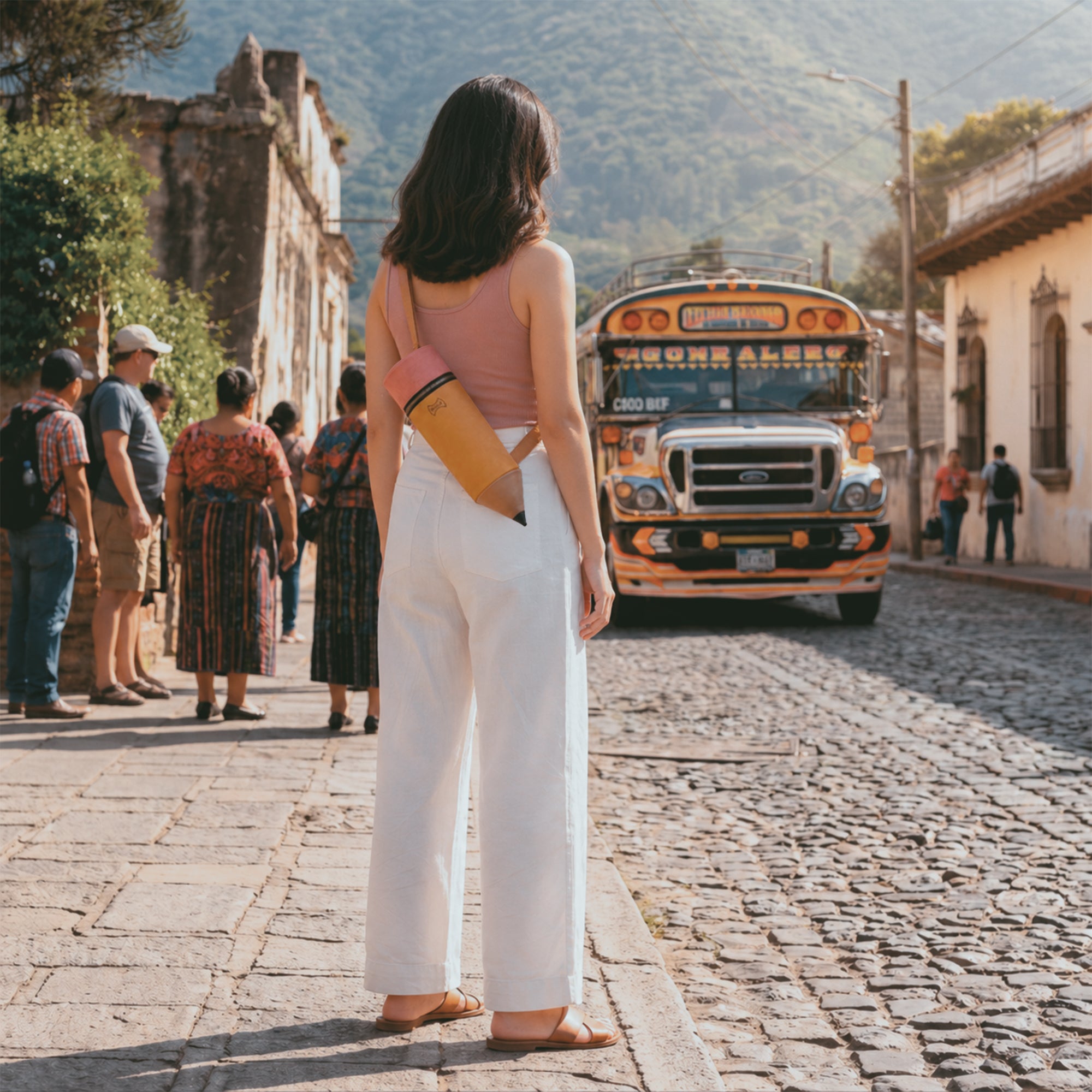 Casual outdoor shot featuring a person wearing the Pencil-Shaped Crossbody Bag by Hide & Play, demonstrating its stylish design and functionality. This Leather Pencil-Shaped Crossbody Bag offers versatility as a messenger bag or travel backpack, handcrafted with artisan quality leather.