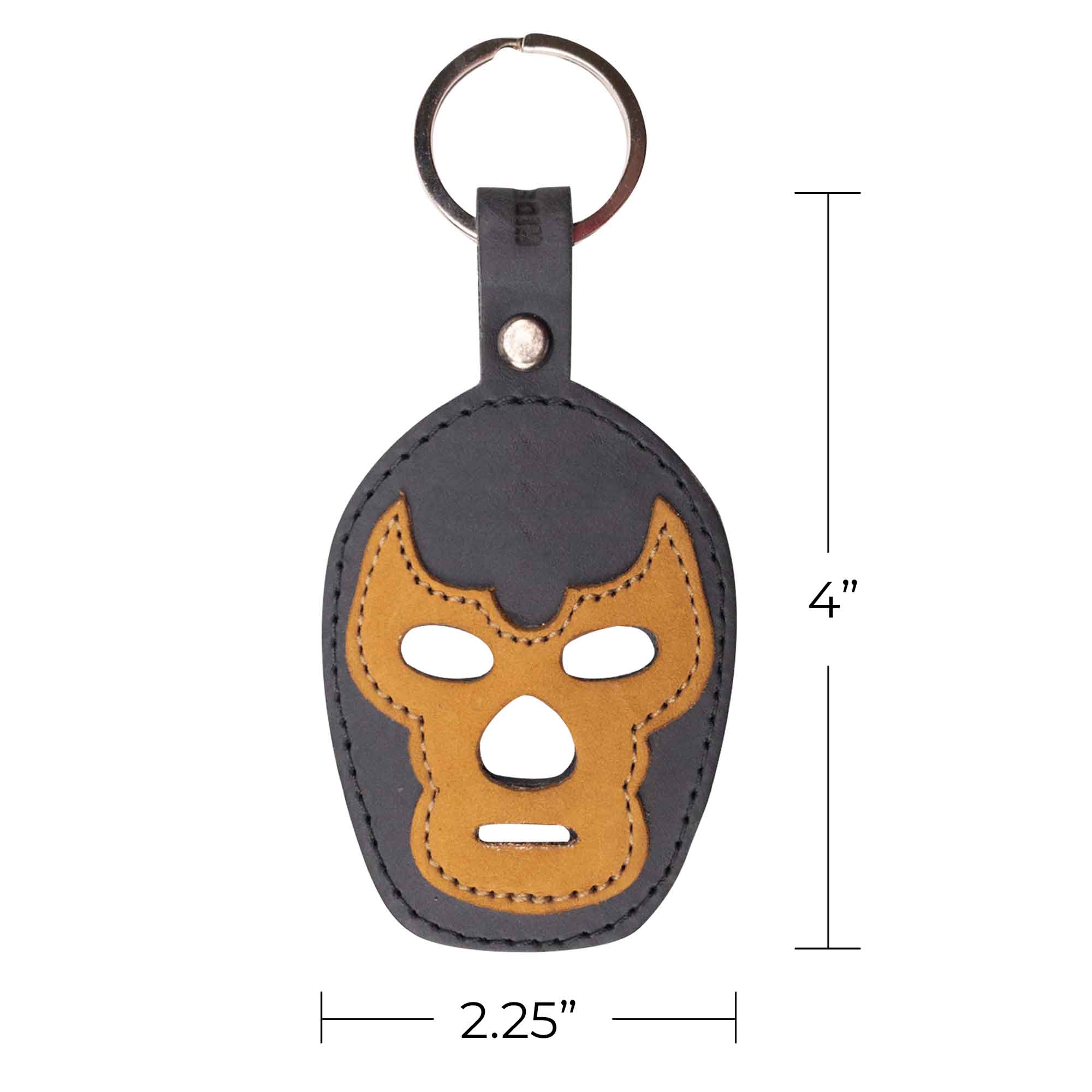 Close-up of the Luchador Mask Leather Keychain showcasing its unique design, ideal for personalized keyring solutions. This key organizer from Hide & Drink is handmade using quality full grain leather, reflecting the artisanal values of small batch production, hand cut and hand sewn in La Antigua Guatemala and Oaxaca Mexico.