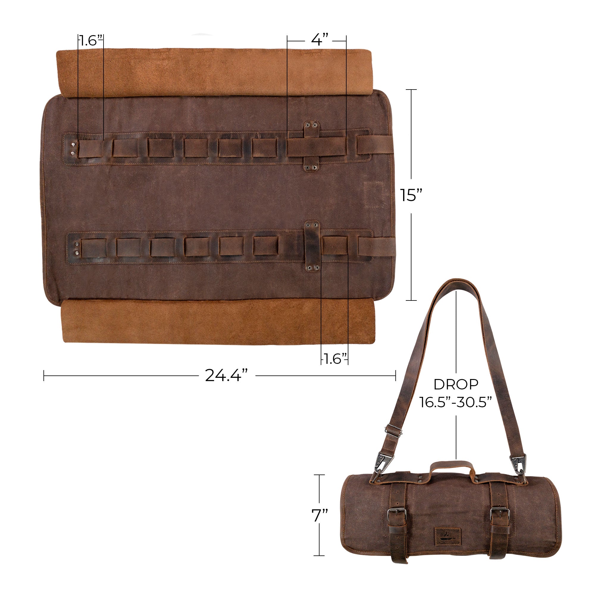 Detailed dimensions of the Knife Roll with 8 Slots from Cast Leather Co., illustrating its perfect size for carrying knives and tools. This knife roll emphasizes its quality as an artisan gift, reflecting the handmade, fire branded heritage of its creation in La Antigua Guatemala. Durable waxed canvas and full grain leather make it the ideal cooking accessory.