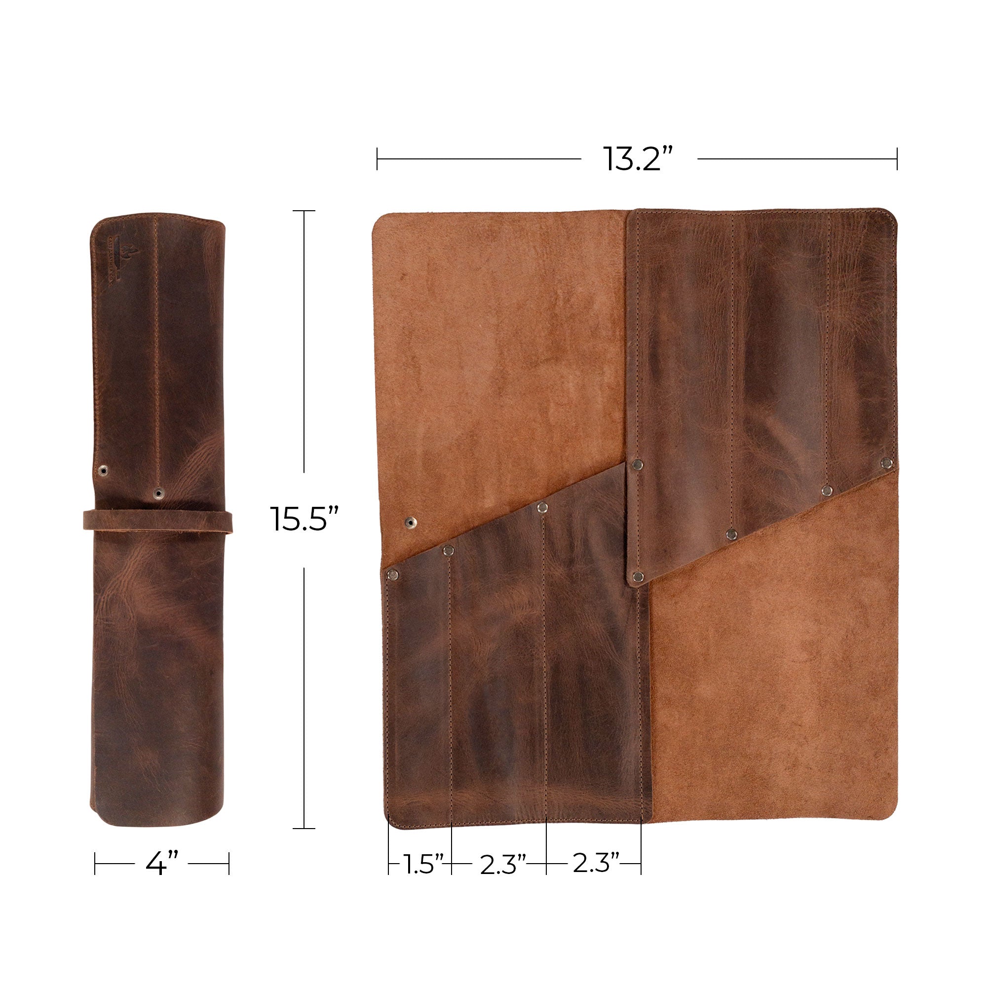 Size comparison and details of the Cast Leather Co. Rectangular Knife Case with 6 Slots, emphasizing dimensions and handcrafted quality. This Rectangular Knife Roll with 6 Slots is not just a Portable Knife Organizer Case, but also a practical cooking accessory made from Full Grain Leather. StockyardX ensures its quality through small batch production, integrating hand cut, hand sewn methods, and fire branded artistry, handmade in La Antigua Guatemala & Oaxaca Mexico.