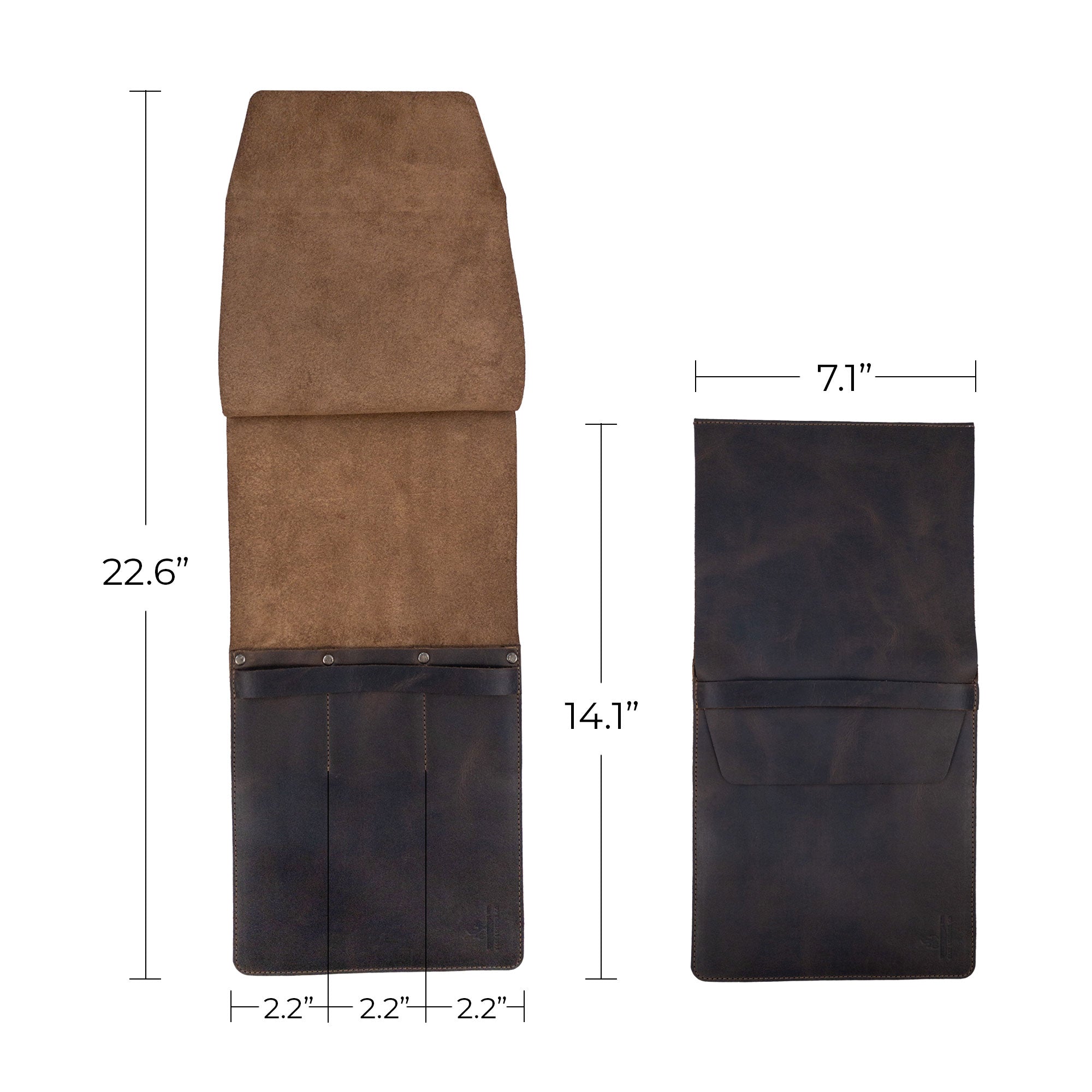 A detailed view of the dimensions of the Knife Case with 3 Slots from Cast Leather Co., made from full grain leather, perfect for rustic storage of kitchen utensils. This handcrafted knife organizer emphasizes small batch production, featuring hand cut, hand sewn elements, and fire branded quality, artisan crafted in La Antigua Guatemala & Oaxaca Mexico.