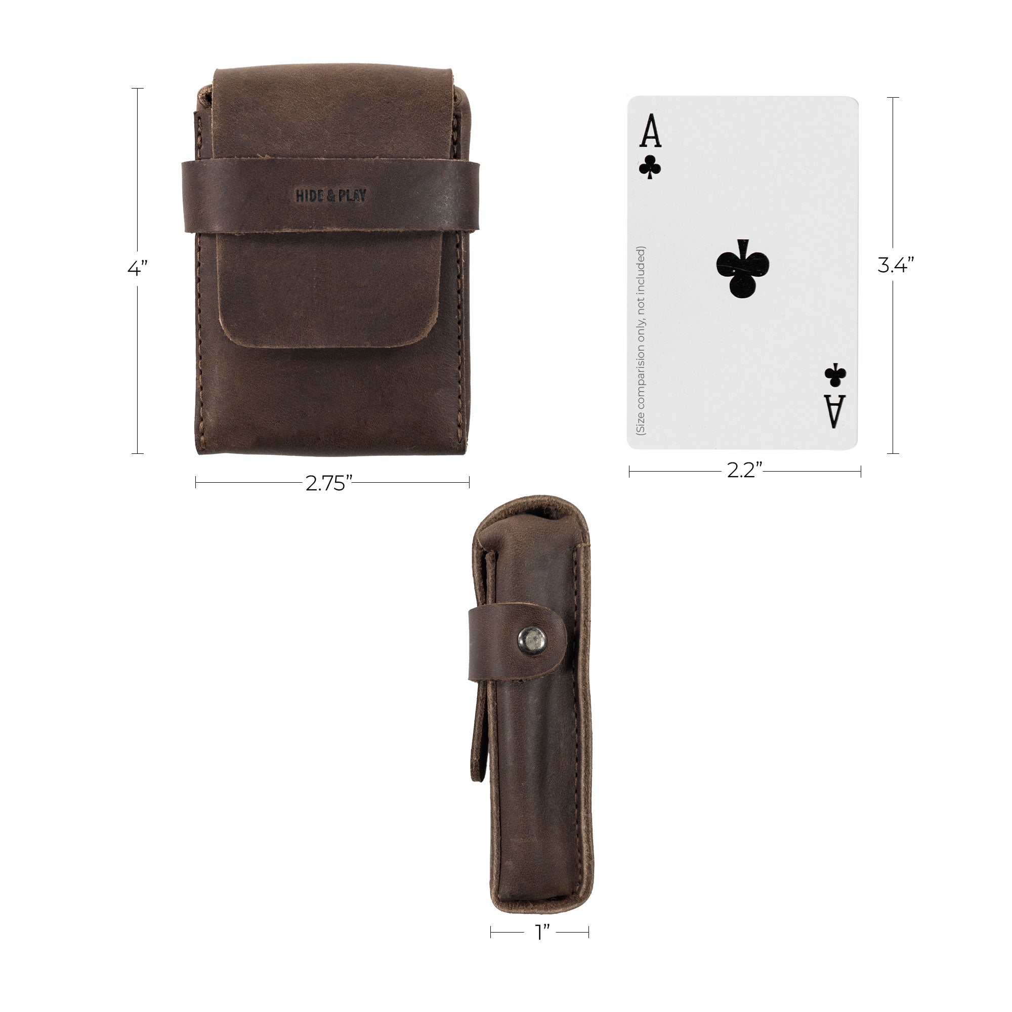 Dimensions of Hide & Drink's Playing Card Case displayed alongside an Ace of spades card. This classy travel accessory is perfect for securely storing your playing cards (not included). Made of full grain leather, the artisan product highlights hand-sewn features from StockyardX, embodying the craftsmanship of La Antigua Guatemala.