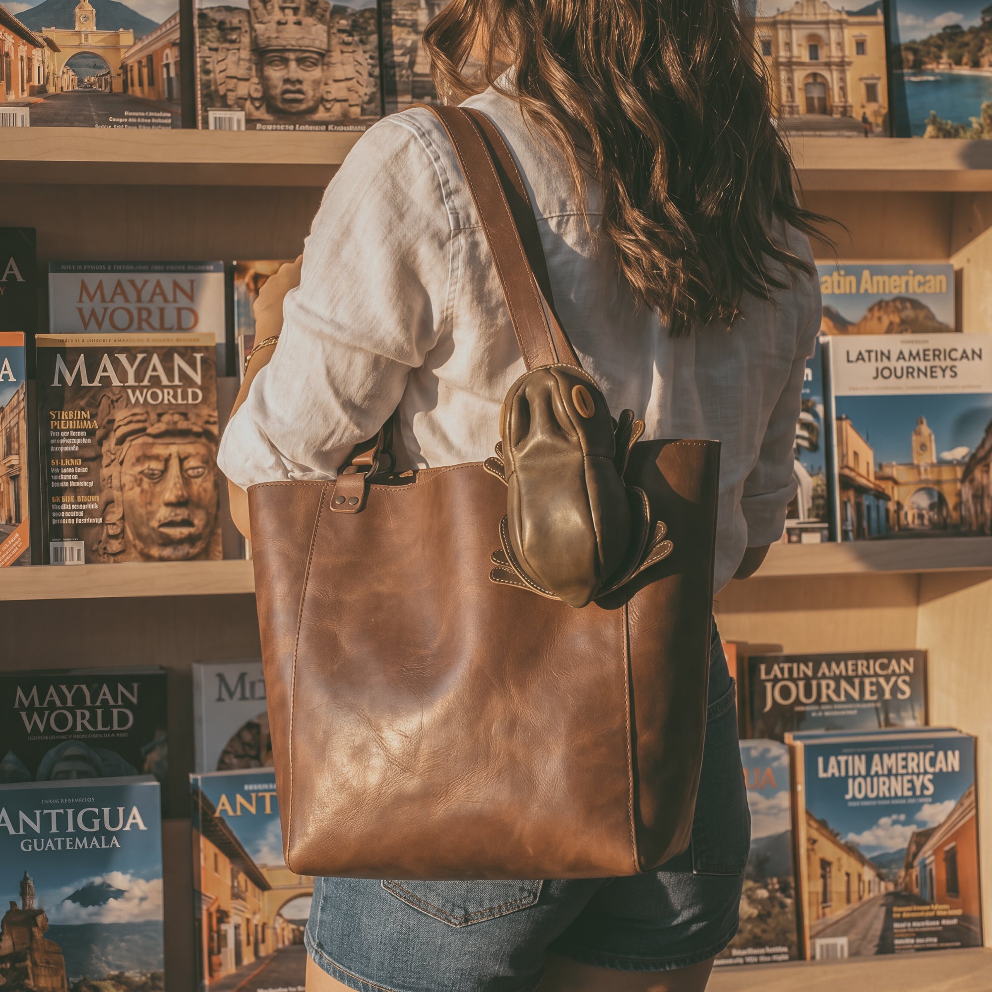 Lifestyle image of a woman carrying Tudi Frudi's Frog Pouch attached to a stylish bag. This full grain leather frog pouch doubles as a cable organizer and small accessory case, showcasing exquisite artisan work from La Antigua Guatemala & Oaxaca Mexico.