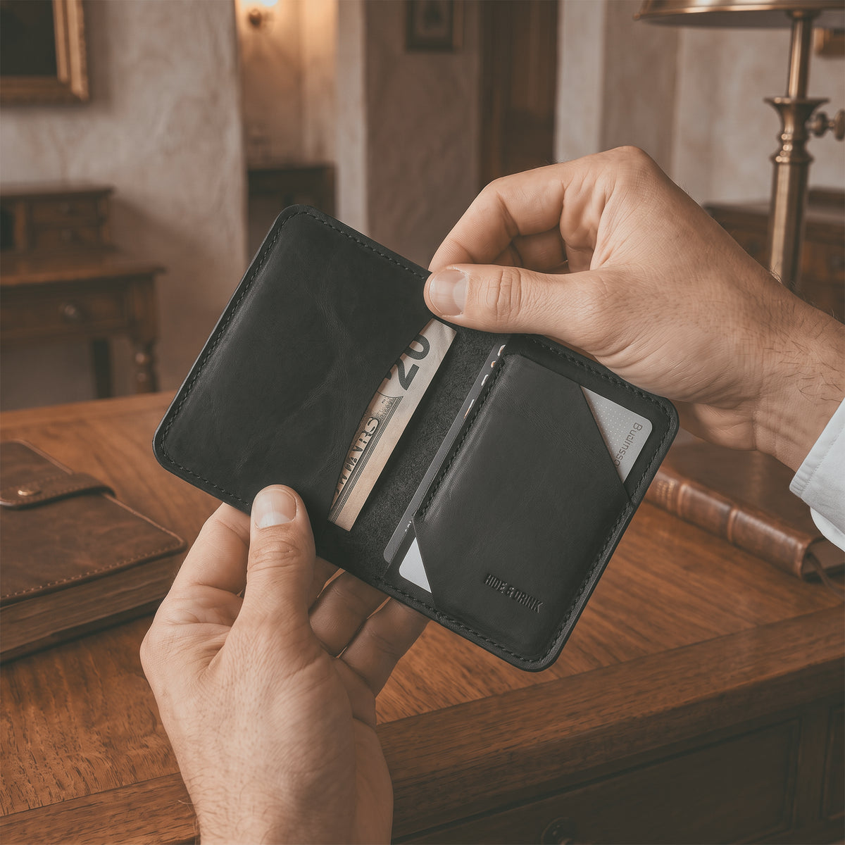 Dimensions of the Bi-Fold Card Wallet Diagonal by Hide & Drink shown with measurements, underscoring its compact design suitable for carrying cash and cards, expertly made from full grain leather.