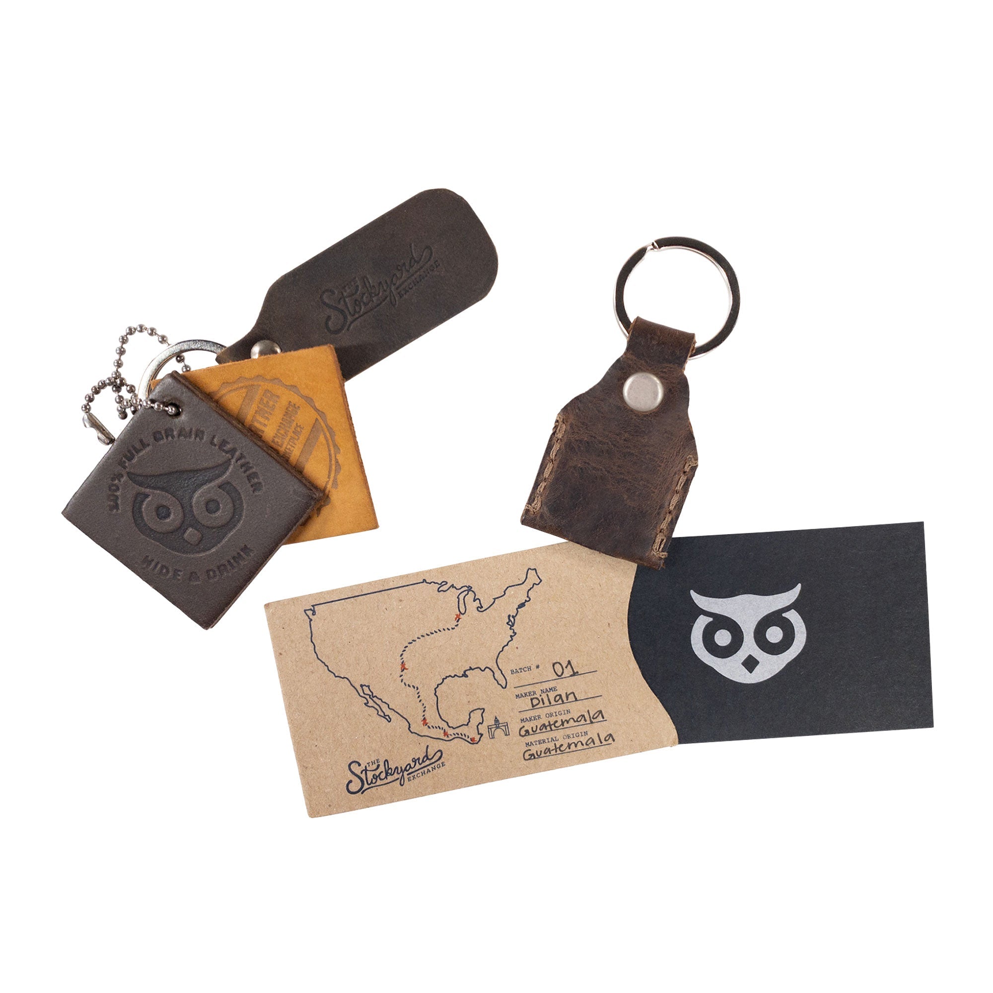 Collection of Hide & Drink Key Holders showcasing different colors and styles, all made from Full Grain Leather. Each Key Holder is a practical Keychain Organizer and emergency coin pouch, enhancing your pocket accessories. Artisan-crafted in La Antigua Guatemala & Oaxaca Mexico, emphasizing small batch production and quality.