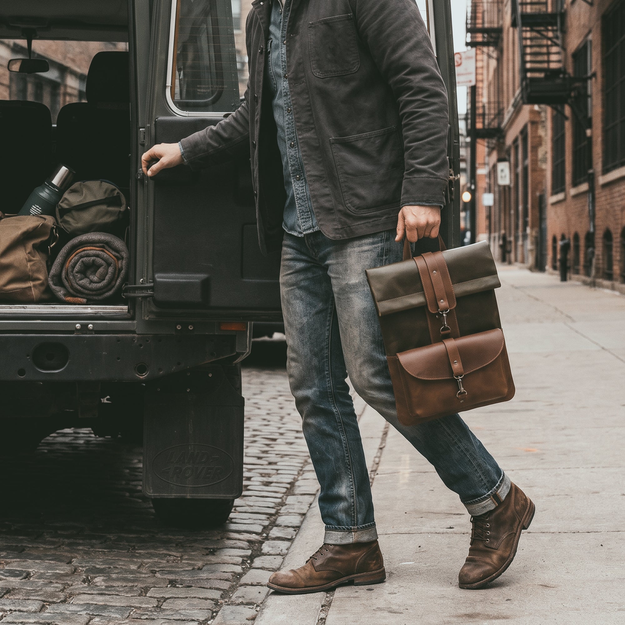 A person carrying the Adventurer Laptop Bag by Littlefield Chicago, showcasing its stylish and functional design while on the move. Perfect for tech lovers and travelers alike. Leather Adventurer Laptop Case, Rustic Cover, Travel Accessories, Full Grain Leather, Small Batch Production, Hand Cut, Hand Sewn, Artisan, Handmade in La Antigua Guatemala & Oaxaca Mexico.
