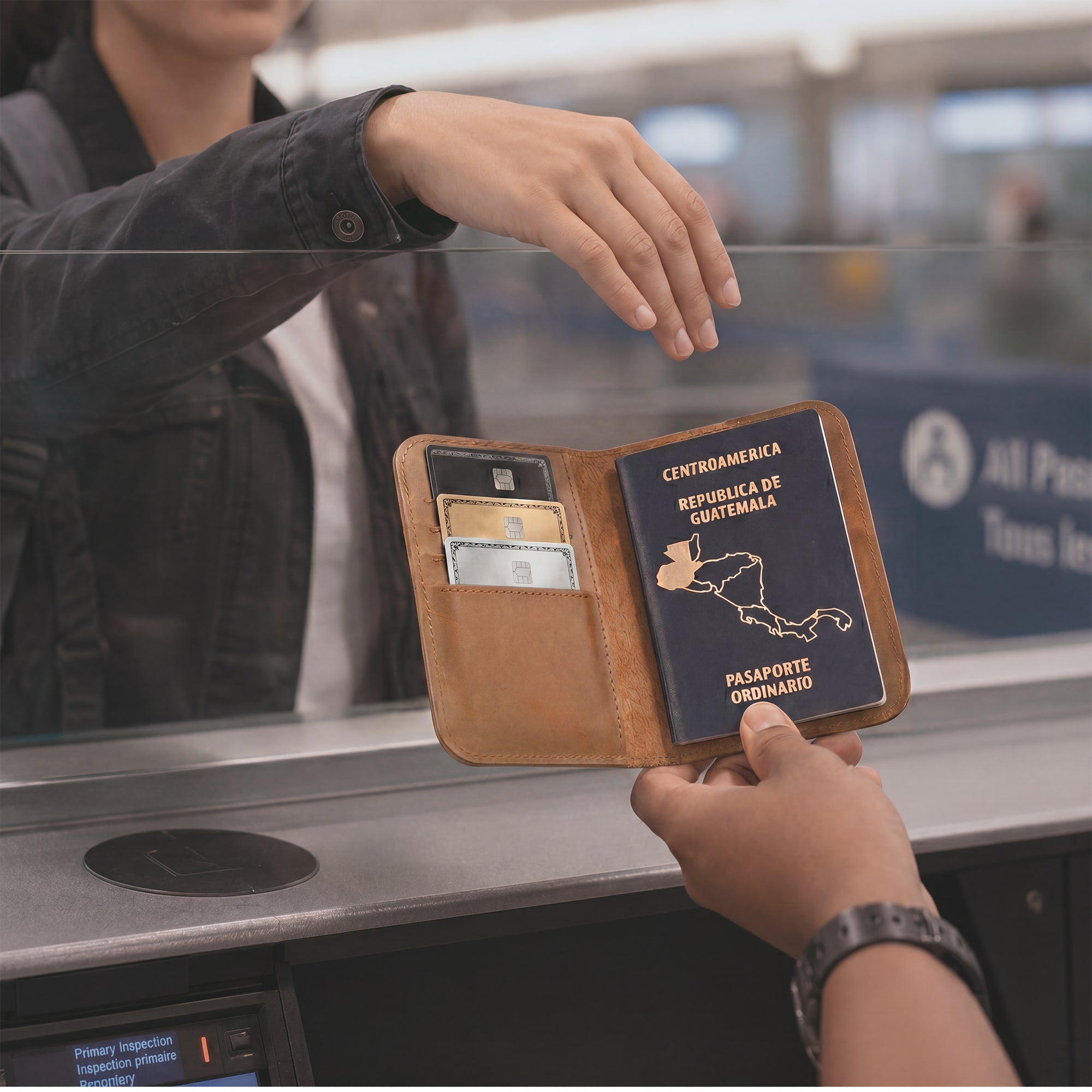 Open view of the Hide & Drink Travel Wallet with space for cash and documents. This leather travel wallet serves as a practical bifold passport case and card holder, lovingly made in La Antigua Guatemala.