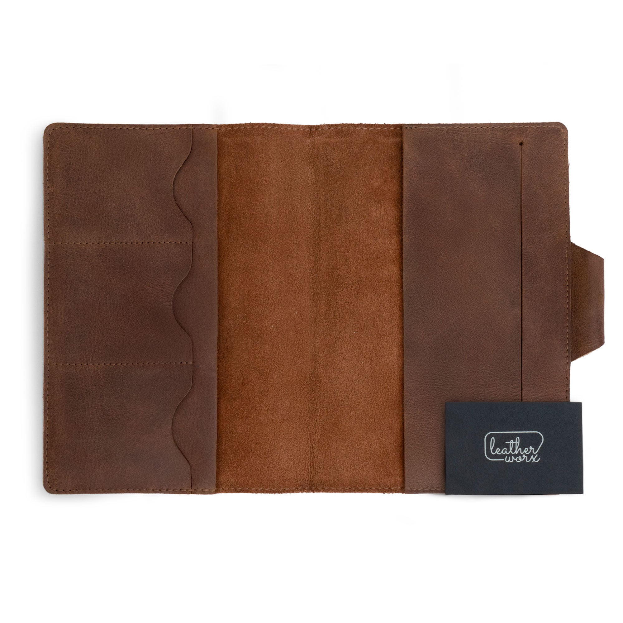 A5 Notebook Cover with Card Slots by Leather Worx in a detailed flat view. This rustic cover for Leuchtturm A5 Notebook with Card Slots (Notebook Not Included) showcases minimalist style and full grain leather construction. StockyardX, small batch production, hand cut, hand sewn, fire branded, and artisan-made in La Antigua Guatemala.