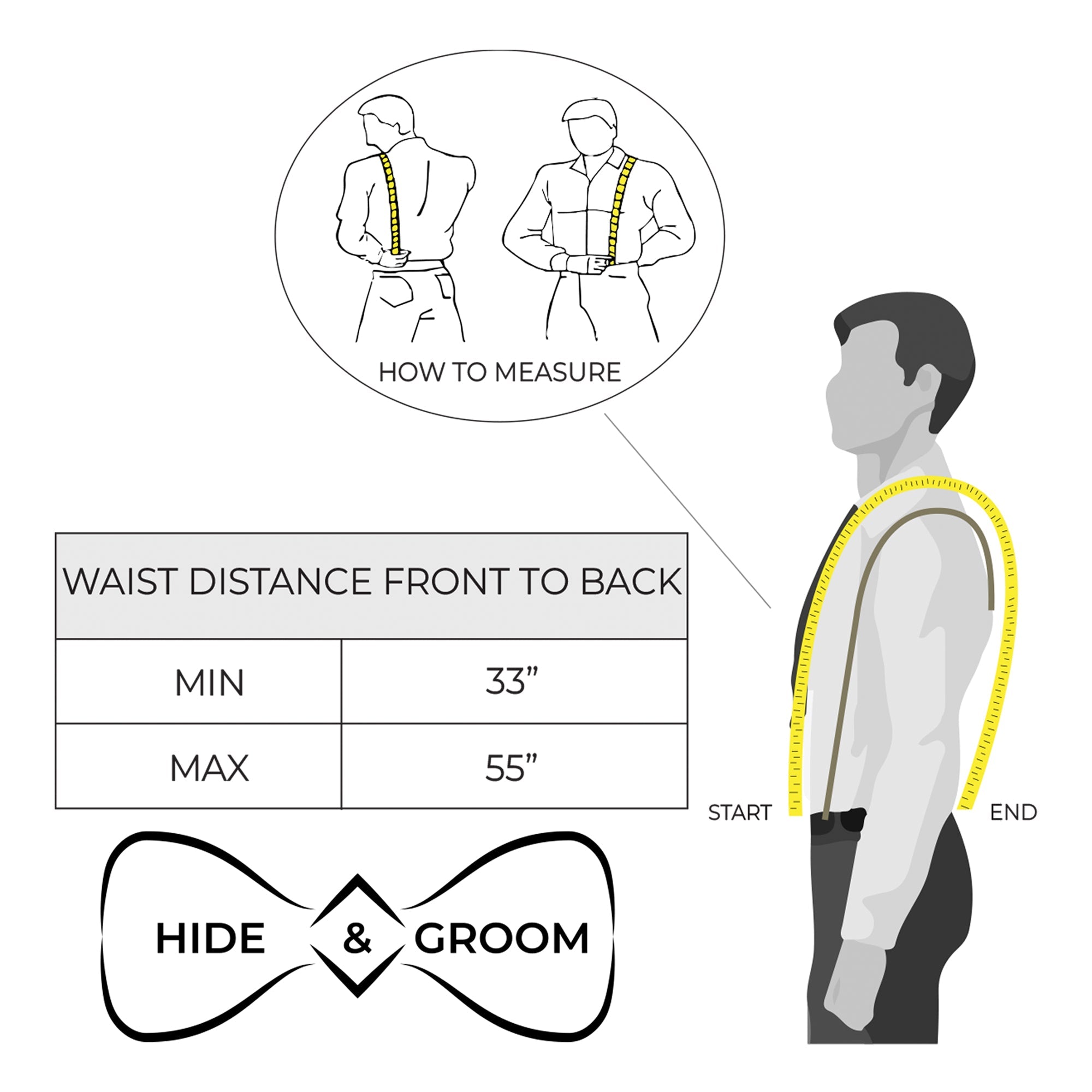 Measuring guide for Rustic Suspenders with Adjustable Size Straps for Men by Hide & Groom, showcasing how to find the right fit. These handmade Full Grain Leather suspenders are great for weddings and Steampunk themes, emphasizing artisan craftsmanship.