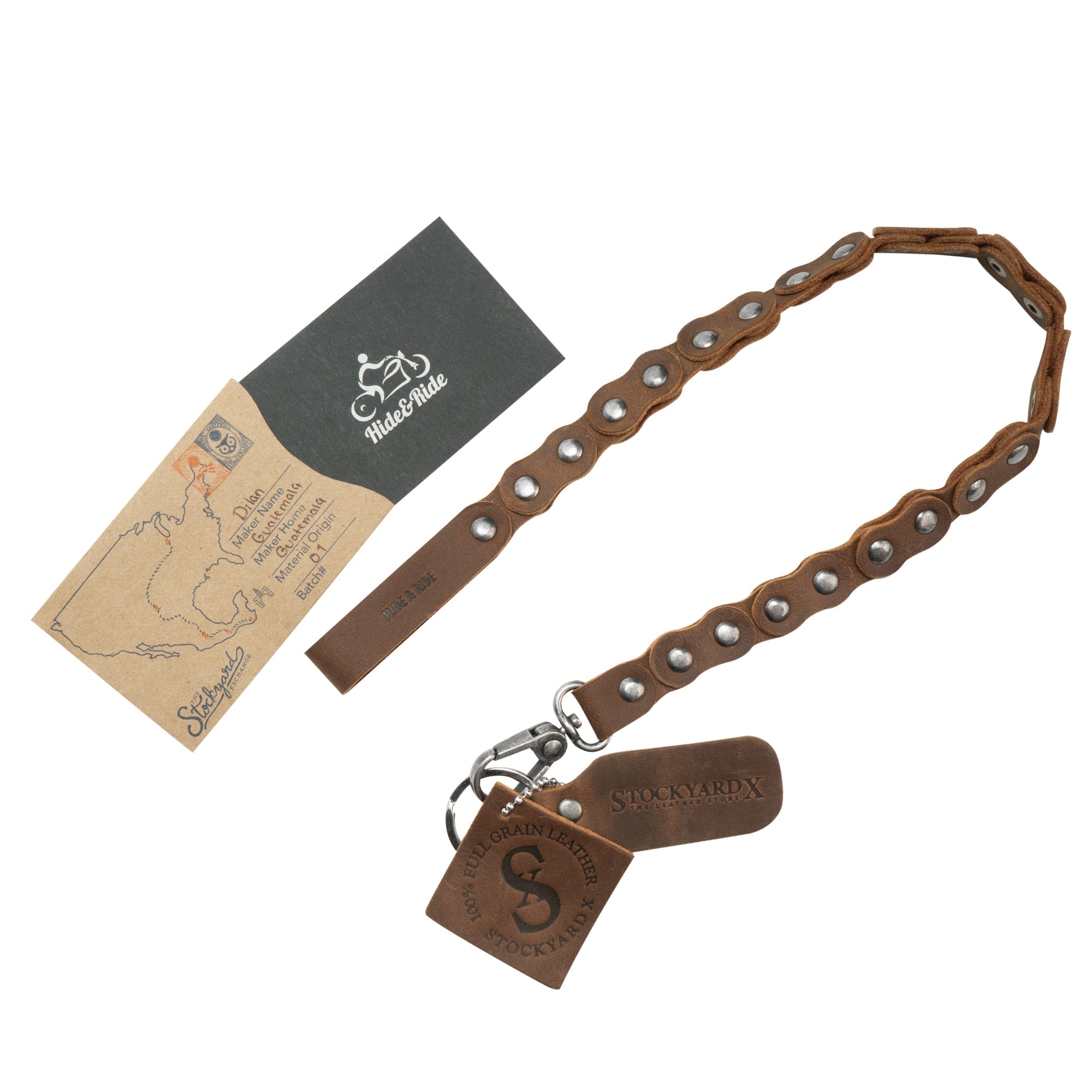 The Biker Chain by Hide & Ride presented with packaging, showcasing its artisan craftsmanship. This full grain leather trouser chain is perfect for those who need a wallet chain or jeans pocket chain. Hand cut and hand sewn, it embodies the quality of StockyardX in small batch production, made in La Antigua Guatemala & Oaxaca Mexico.