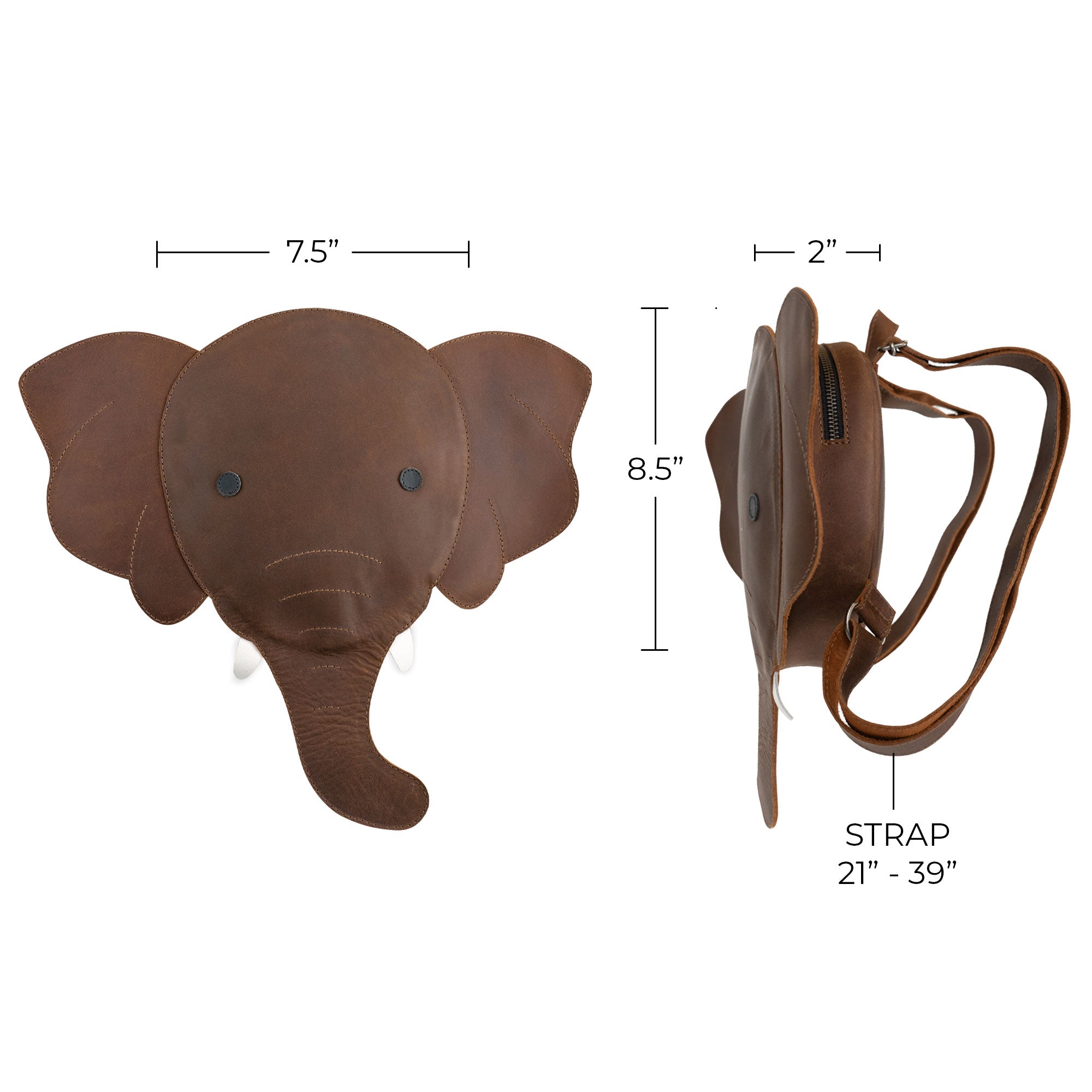 Dimensions of the Elephant-Shaped Backpack by Hide & Play displayed alongside its features. A well-crafted Full Grain Leather Elephant-Shaped Shoulder Bag, it’s perfect as a Messenger Bag and Travel Bag for Men and Women. StockyardX's small batch production ensures each backpack is hand cut and sewn with care.