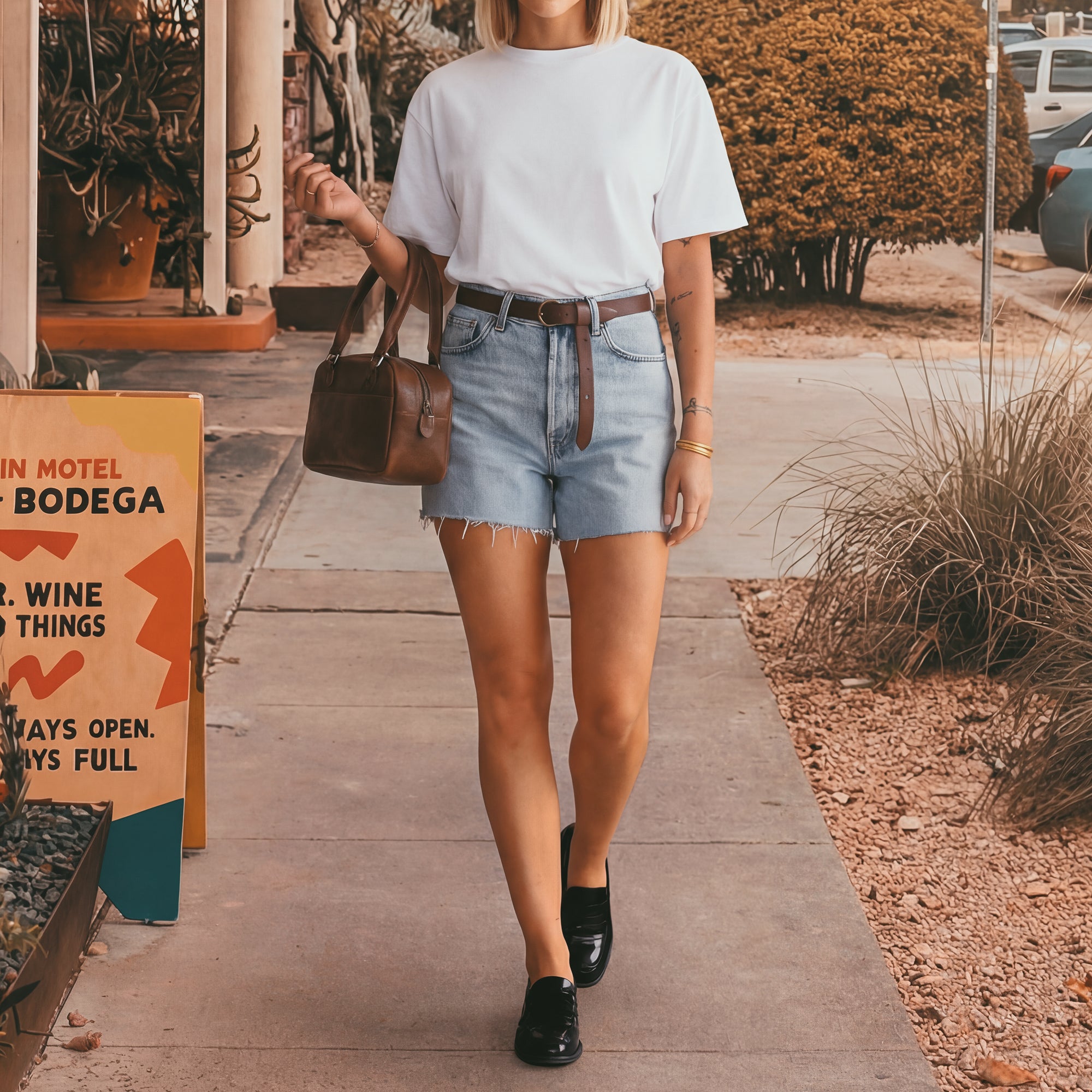 A model showcasing The Rainey Handbag by Austin Genuine in an outdoor urban setting, perfectly styled with casual attire. This Full Grain Leather handbag epitomizes Small Batch Production, Hand Cut and Hand Sewn quality, and features a Fire Branded artisan mark, handcrafted in La Antigua Guatemala & Oaxaca Mexico.