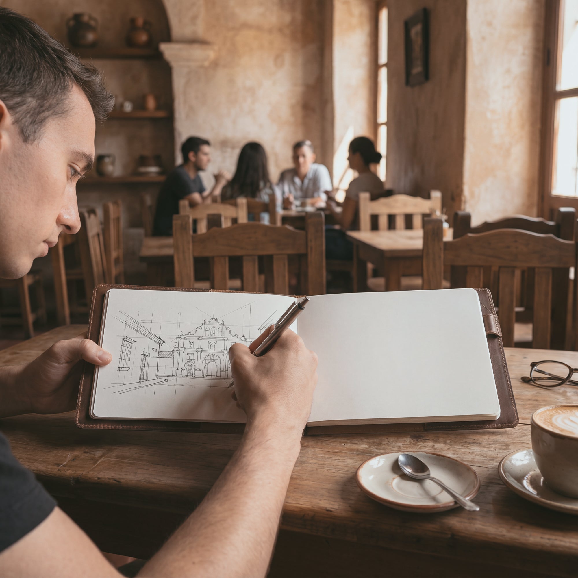 Capturing the creative vibe, this image features the Cover for Leuchtturm1917 Sketchbook Hardcover A5 Medium Size (145 x 210 mm) by Hide & Drink, in use at a café. The Full Grain Leather Journal Case supports artistic expression while demonstrating artisan craftsmanship from La Antigua Guatemala and Oaxaca, Mexico.