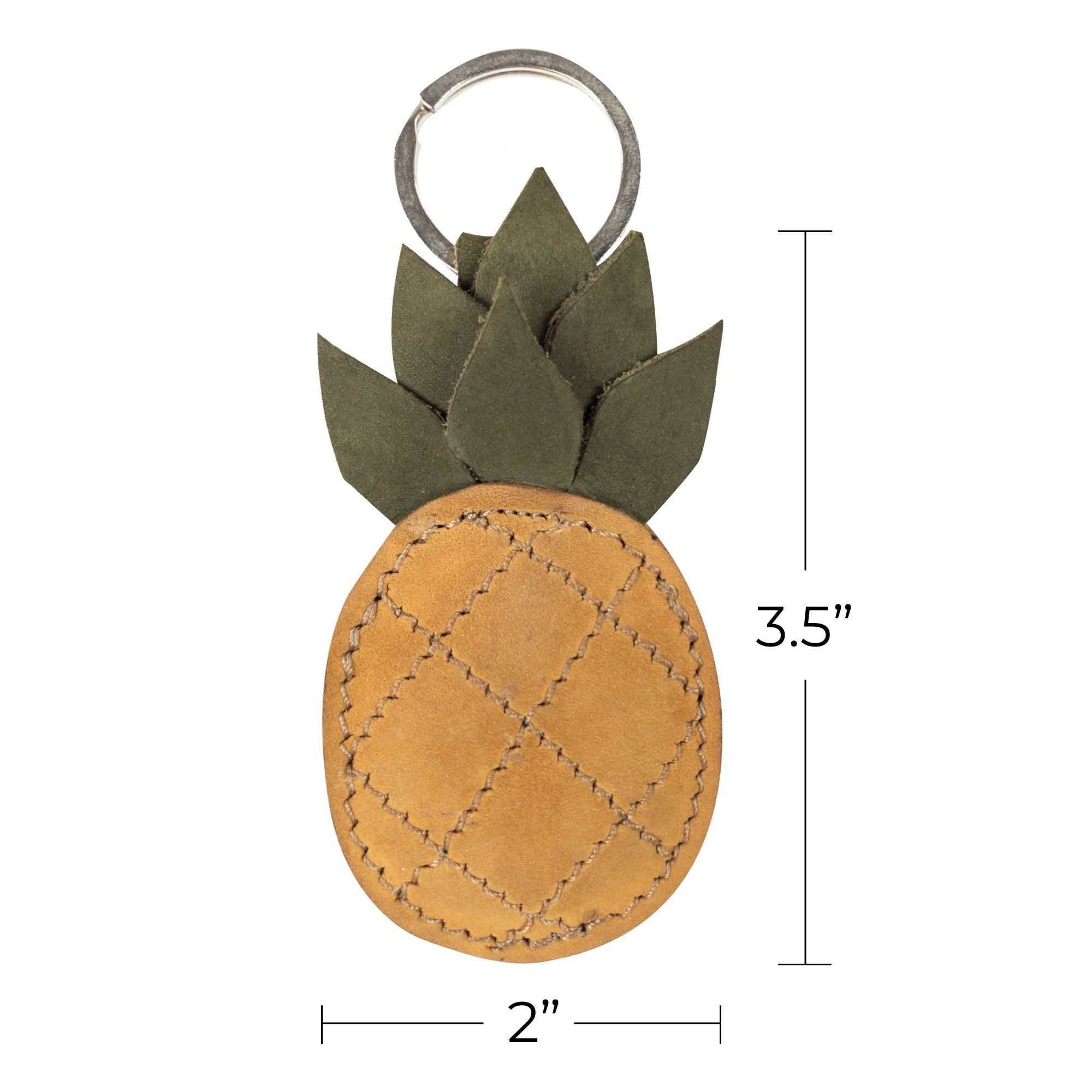 This Pineapple Keychain by Hide & Drink displays dimensions of 3.5 inches by 2 inches, emphasizing its compact size. Hand cut and sewn from high-quality full grain leather, it represents artisan craftsmanship and is perfect for anyone who loves fun, tropical-themed accessories.