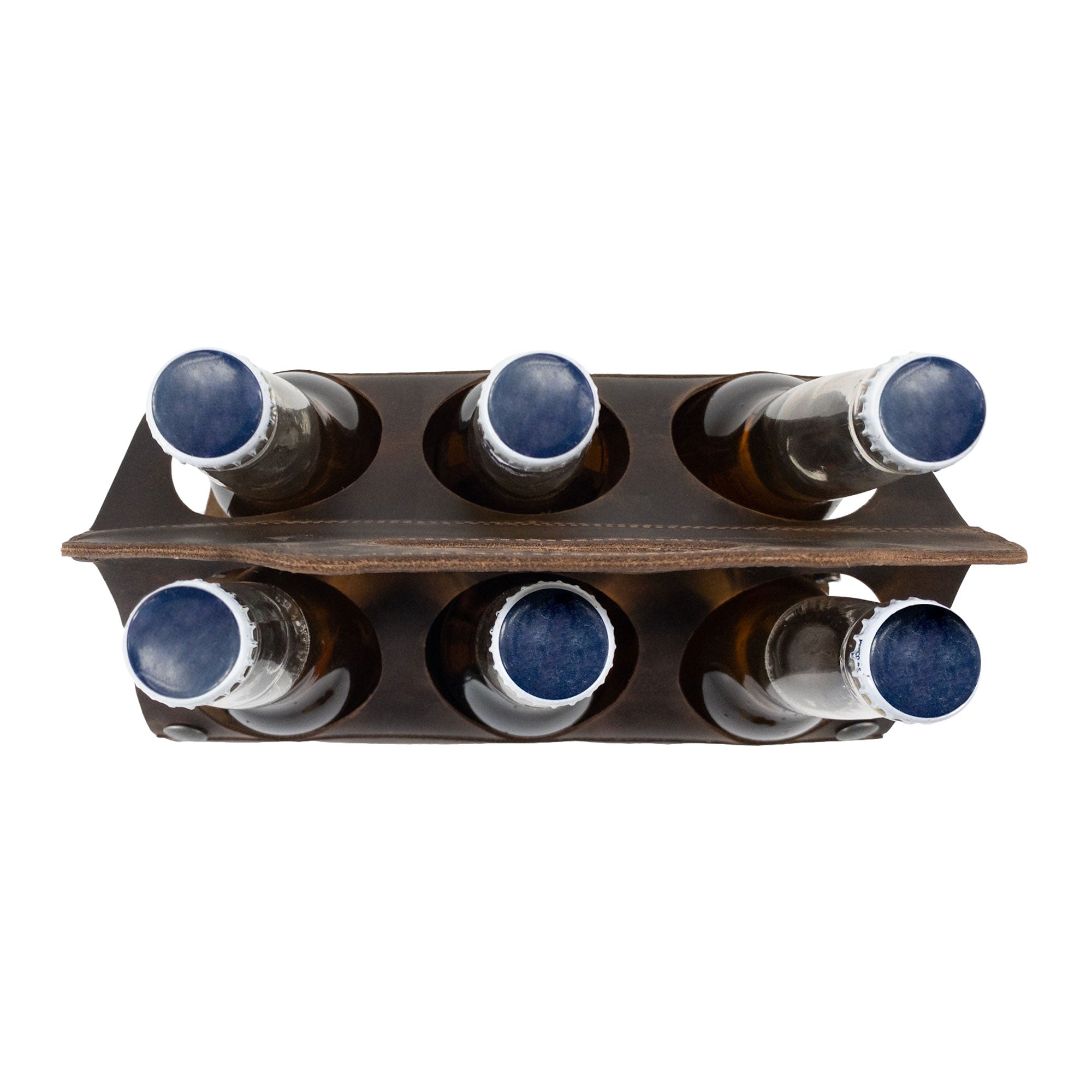 Top view of Hide & Drink's Six Bottle Caddy showcasing six bottles, highlighting its design as a versatile Beer Holster for Bike. Crafted from Full Grain Leather through Small Batch Production methods, it's hand cut and hand sewn with attention to artisanal detail.