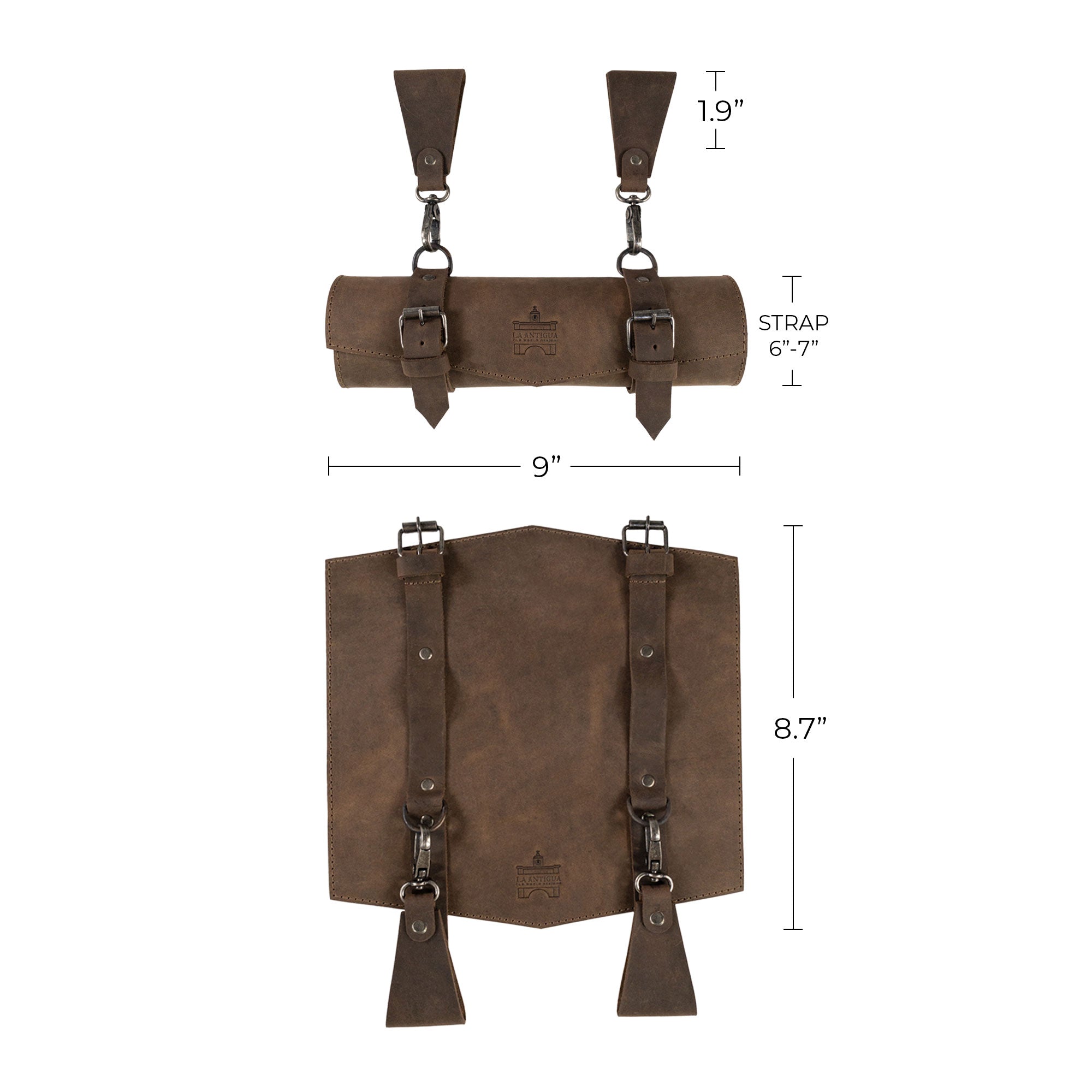Detailed specifications of the La Antigua Map Holder for Belt are presented, highlighting its dimensions and rustic design. Made from heavy-duty full grain leather, this multitool organizer represents artisan craftsmanship through hand cut, hand sewn methods, and fire branding, crafted in La Antigua Guatemala & Oaxaca Mexico.