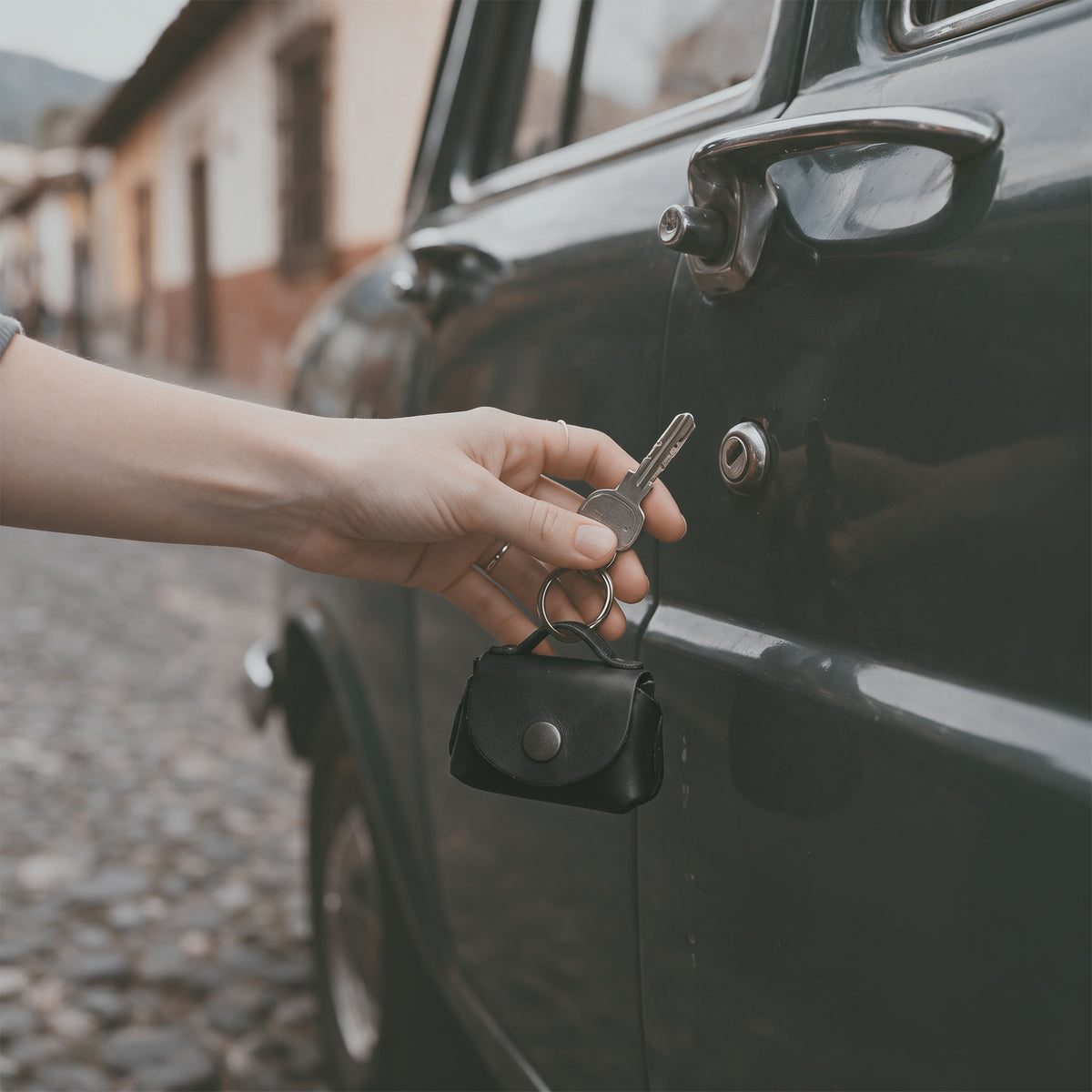 Interior view of the black Tiny Handbag Keychain by Hide & Drink, displaying keys and coins. Crafted from Full Grain Leather, this artisanal product represents small batch production and showcases excellent hand cut and hand sewn craftsmanship.