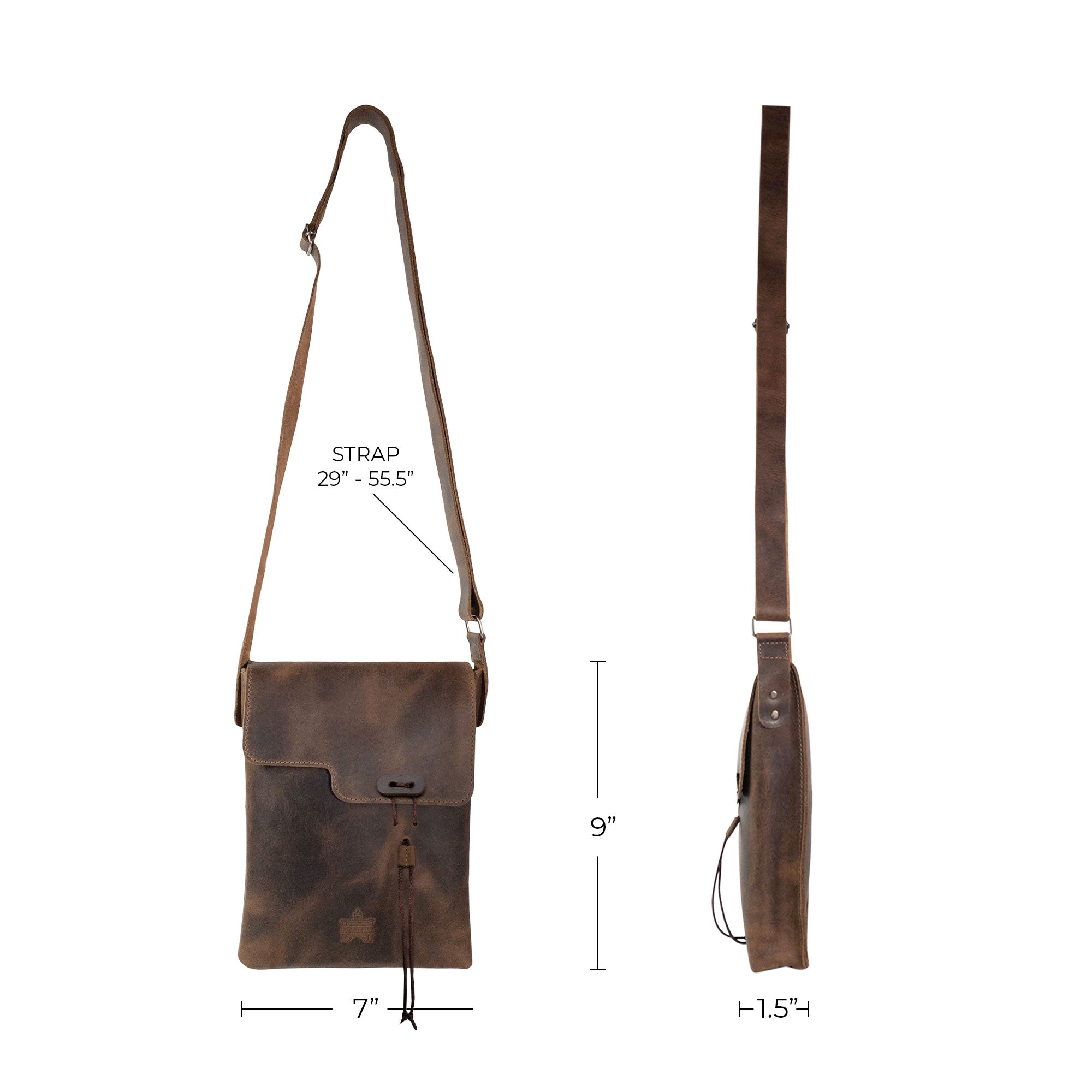 Dimensions of the La Antigua Treasure Crossbody Bag, detailing its size and adjustable strap length. This rustic crossbody bag is a perfect travel accessory made from high-quality full grain leather, skillfully handmade in La Antigua Guatemala.
