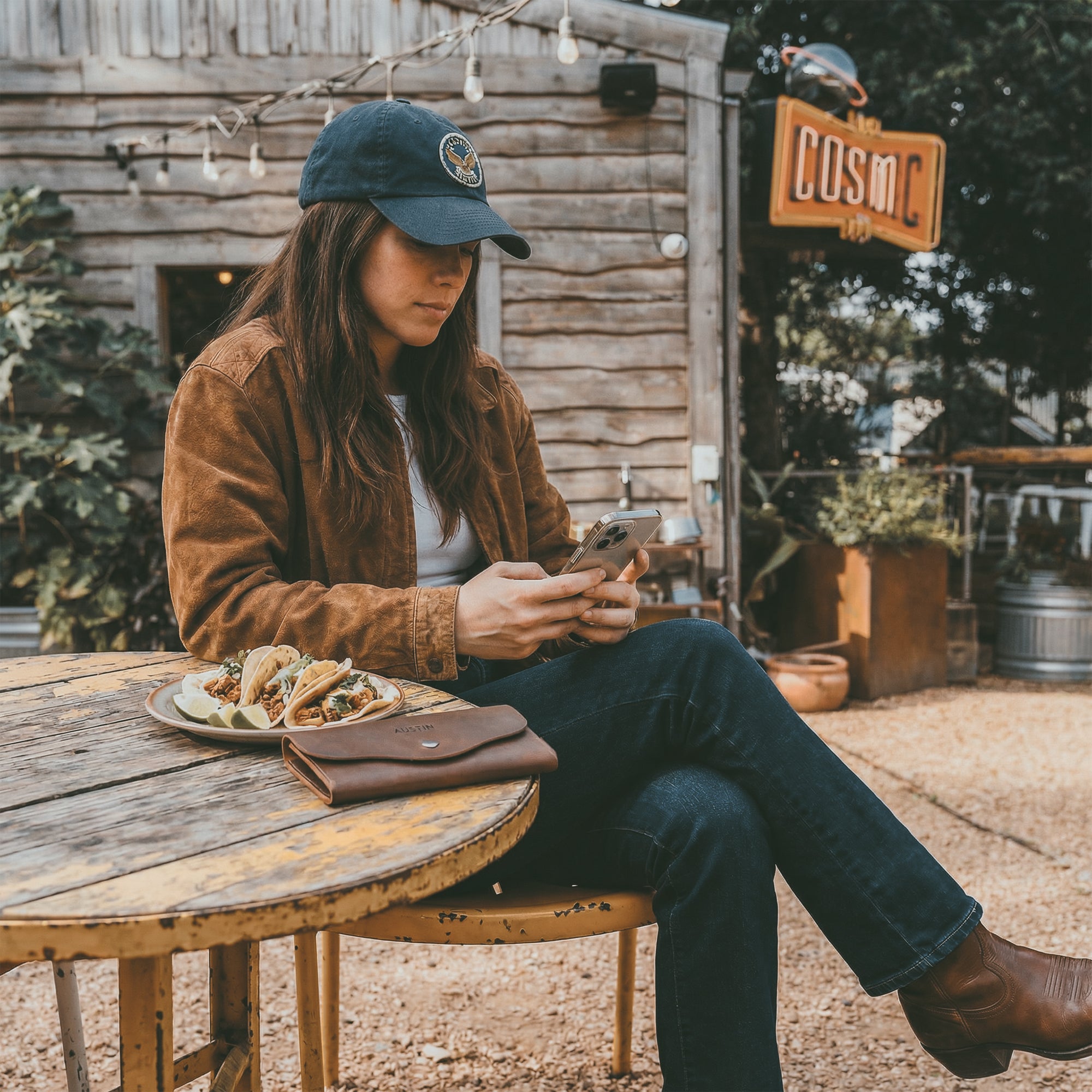 Lifestyle image of The Violet Long Wallet by Austin Genuine, styled casually with food on a table. This full grain leather wallet represents StockyardX's artisan spirit, crafted through small batch production, hand cut and hand sewn by skilled artisans in La Antigua Guatemala & Oaxaca Mexico.