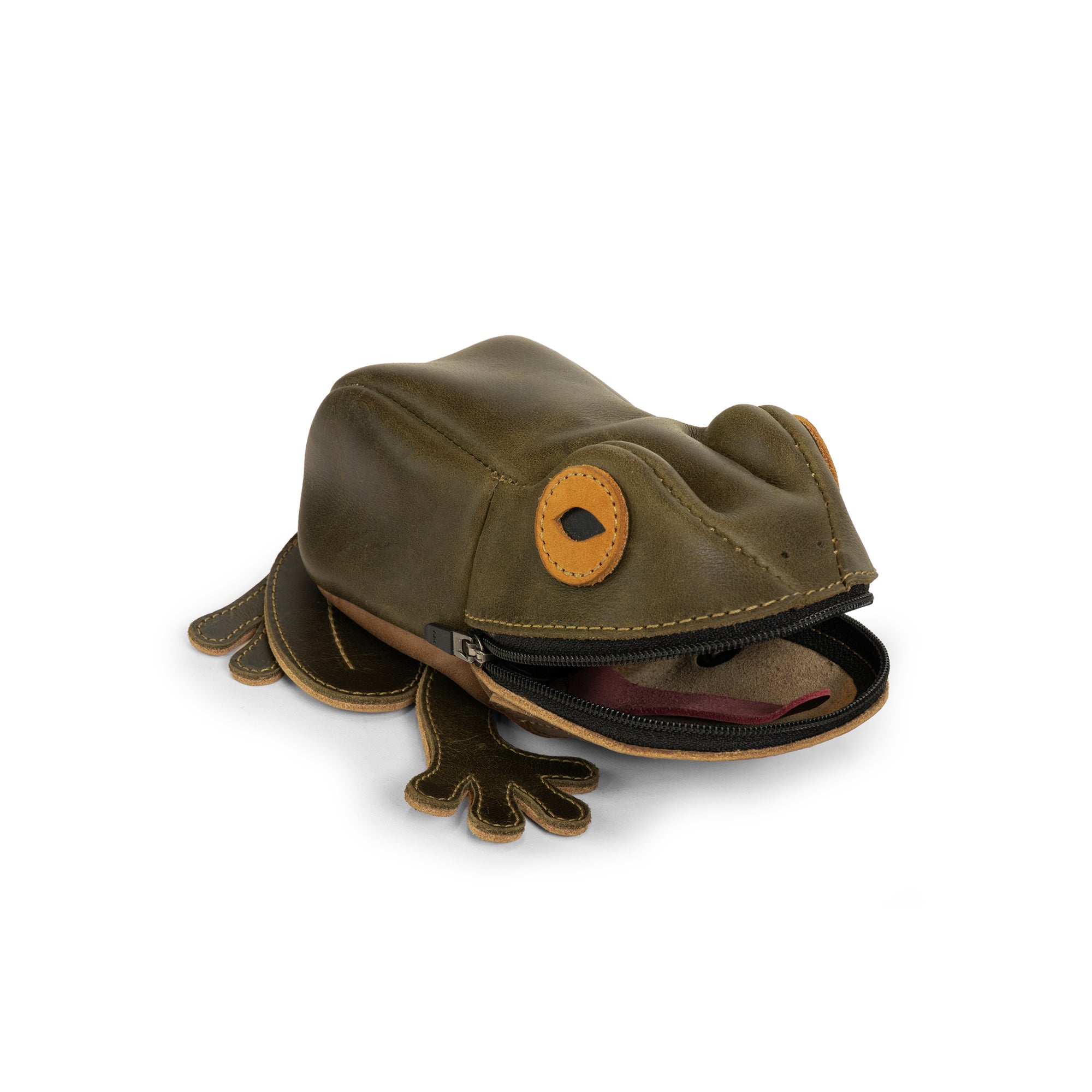 Another angle of Tudi Frudi's Frog Pouch, illustrating its adorable frog design and full grain leather finish. This zippered cash holder wallet for coins serves as a change purse and small accessory case, handcrafted in small batches in La Antigua Guatemala & Oaxaca Mexico.