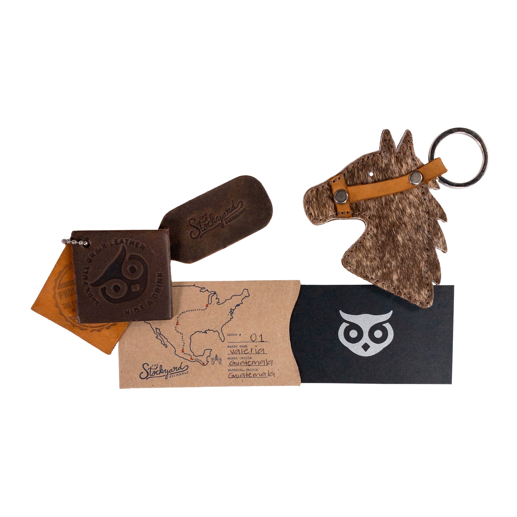 Cowboy Stallion Head Keychain by Western Leather Works presented with packaging, showcasing the unique artisan touch. Made from Full Grain Leather in La Antigua Guatemala & Oaxaca Mexico, this piece reflects small batch production and exceptional craftsmanship.