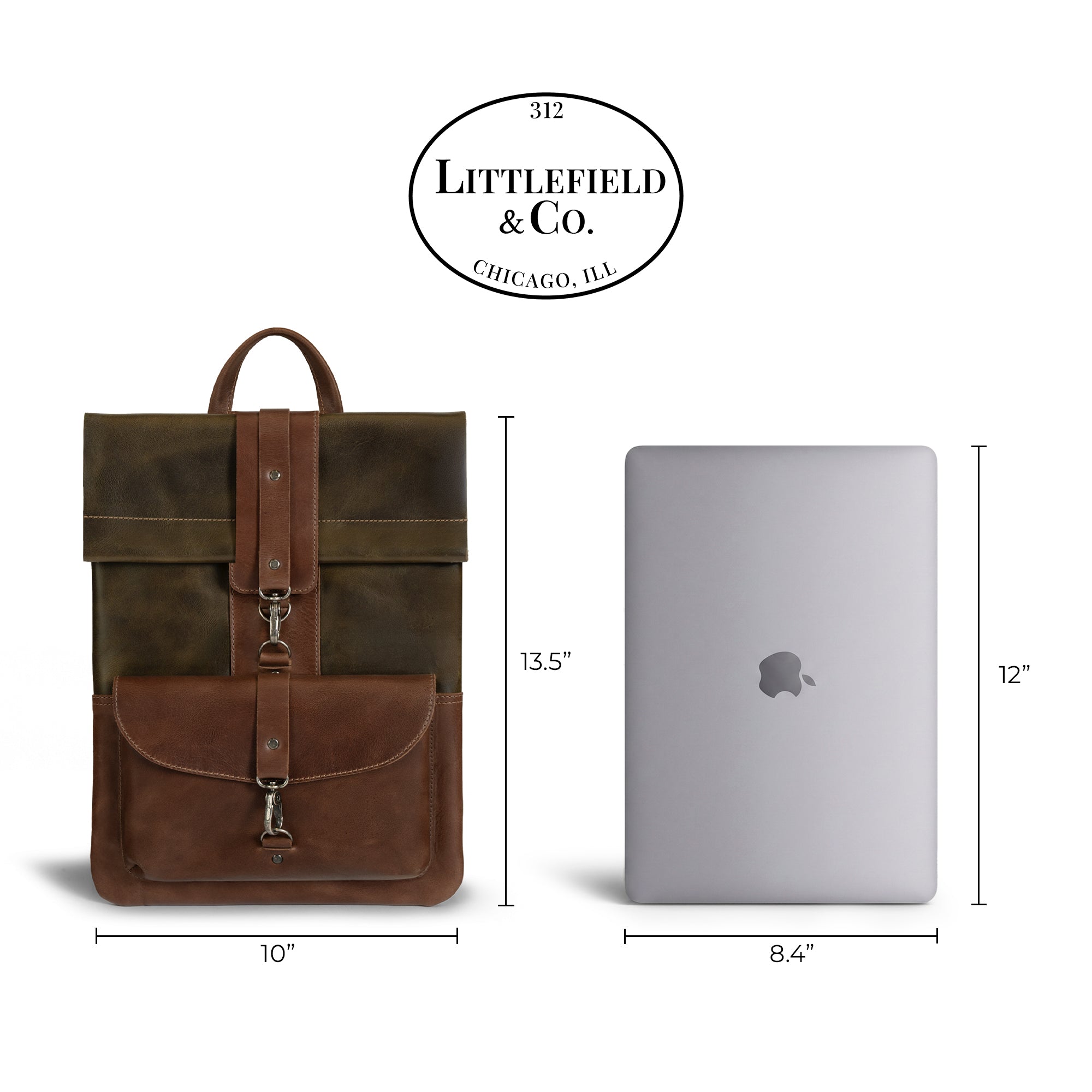 Dimensions illustration of the Adventurer Laptop Bag by Littlefield Chicago, demonstrating its fit for 13-inch laptops with spacious pockets for accessories. A great addition to anyone's travel gear. Leather Adventurer Laptop Case, Rustic Cover, Travel Accessories, Full Grain Leather, Small Batch Production, Hand Cut, Hand Sewn, Artisan, Handmade in La Antigua Guatemala & Oaxaca Mexico.