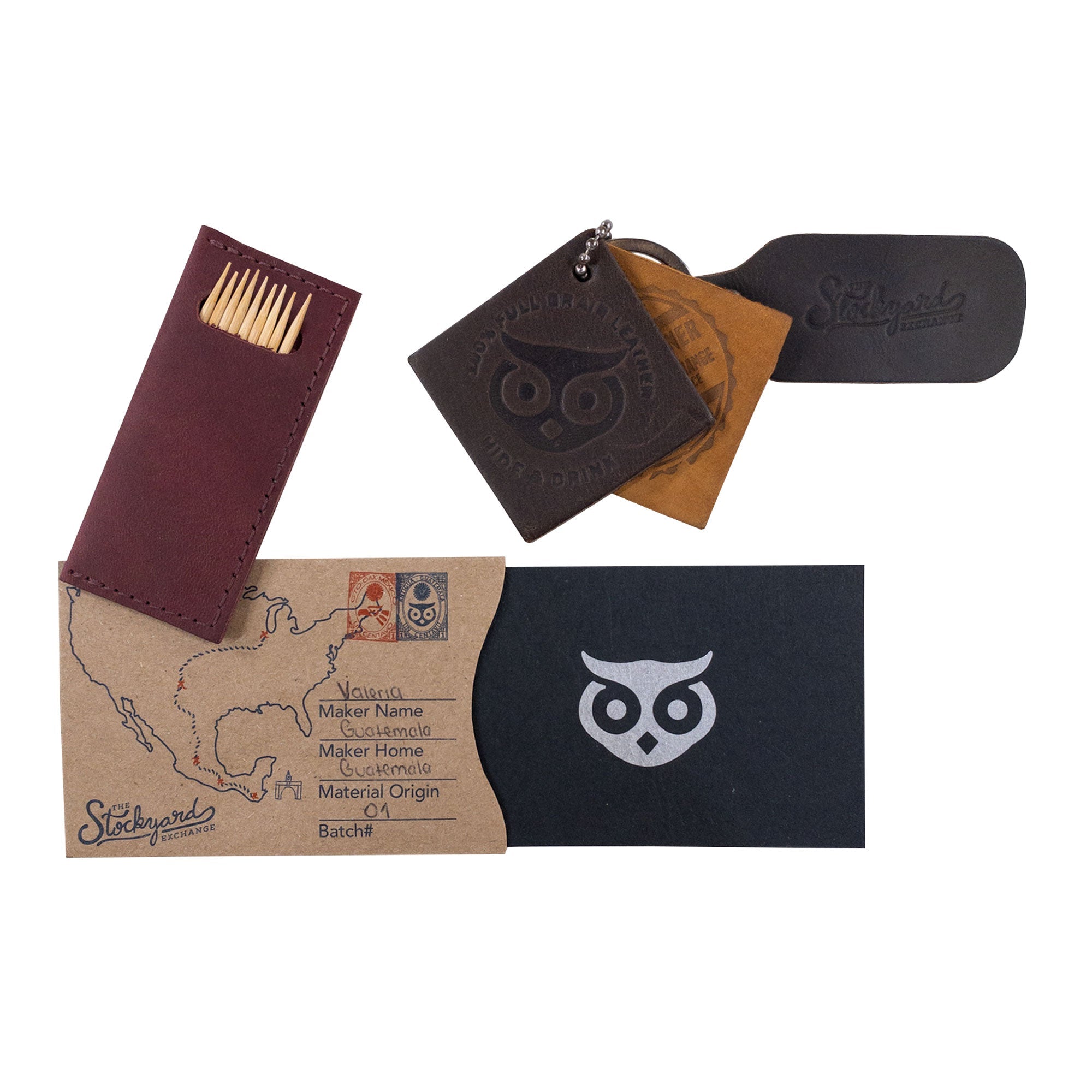 Hide & Drink Tooth Pick Case (4 Pack) showcasing detailed craftsmanship on a leather toothpick holder. Set of 4 Tooth Pick Cases, Cooking Accessories, Full Grain Leather, StockyardX, Small Batch Production, Hand Cut, Hand Sewn, Fire Branded, Artisan, Handmade in La Antigua Guatemala & Oaxaca Mexico.