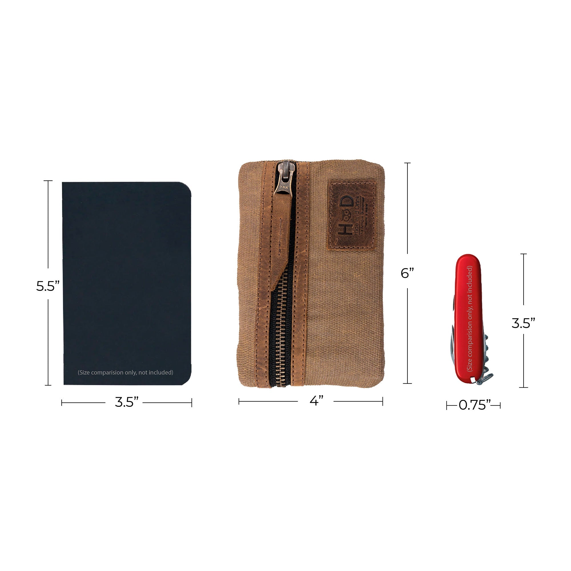 Dimensions of the Multi-tool Pocket Pouch by Hide & Drink displayed alongside a notebook and multi-tool, emphasizing its compact size perfect for everyday carry.