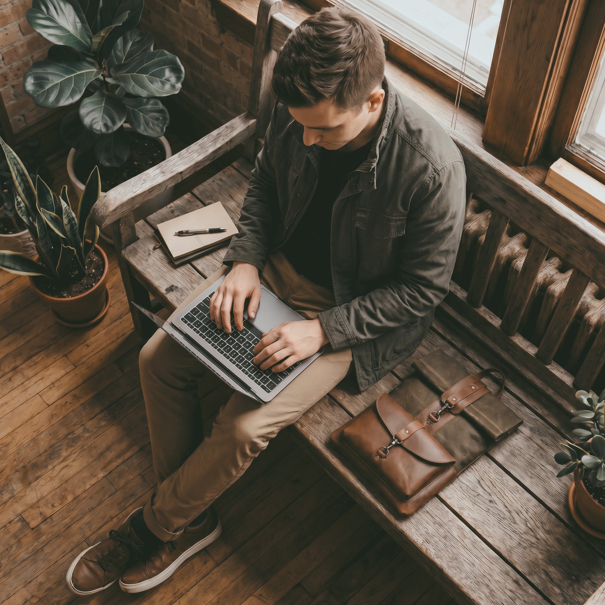 Top view of a user with the Adventurer Laptop Bag by Littlefield Chicago, highlighting its use in a cozy setting with a laptop on a bench. This case is both stylish and practical for everyday use. Leather Adventurer Laptop Case, Vintage Sleeve for 13-inch Laptops, Rustic Cover, Travel Accessories, Full Grain Leather, Small Batch Production, Hand Cut, Hand Sewn, Artisan, Handmade in La Antigua Guatemala & Oaxaca Mexico.