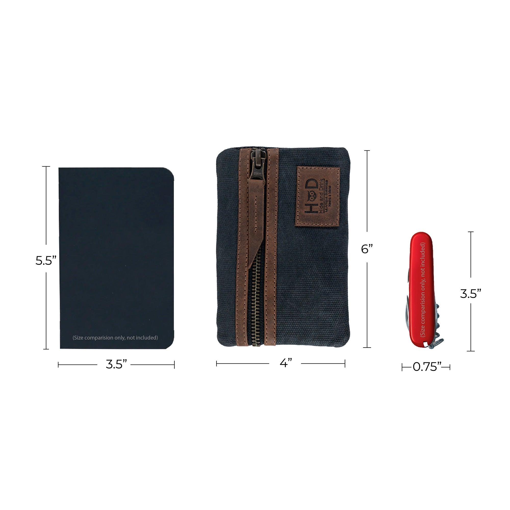 Dimensions of the red Multi-tool Pocket Pouch by Hide & Drink, shown with a notebook and tools for comparison.
