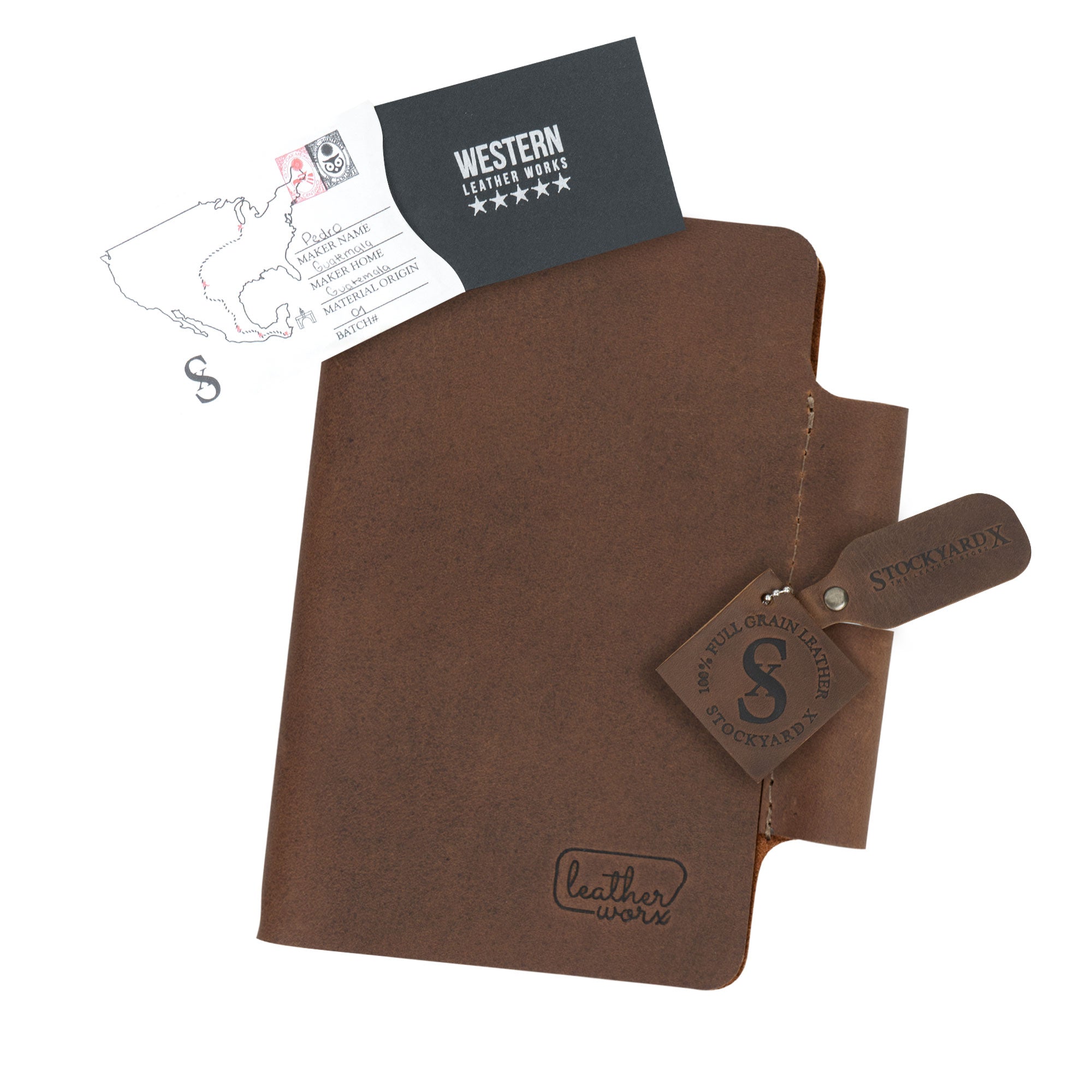 The Vintage Cover for Field Notes (3.5 x 5.5 in. Notebook not Included) by Leather Worx, presented with tags indicating its origin and craftsmanship. This Vintage Cover Designed for Field Notes Notebook (3.5 x 5.5 in.) reflects full grain leather quality, small batch production, artisan craftsmanship, and fire branded details. Handmade in La Antigua Guatemala & Oaxaca Mexico.