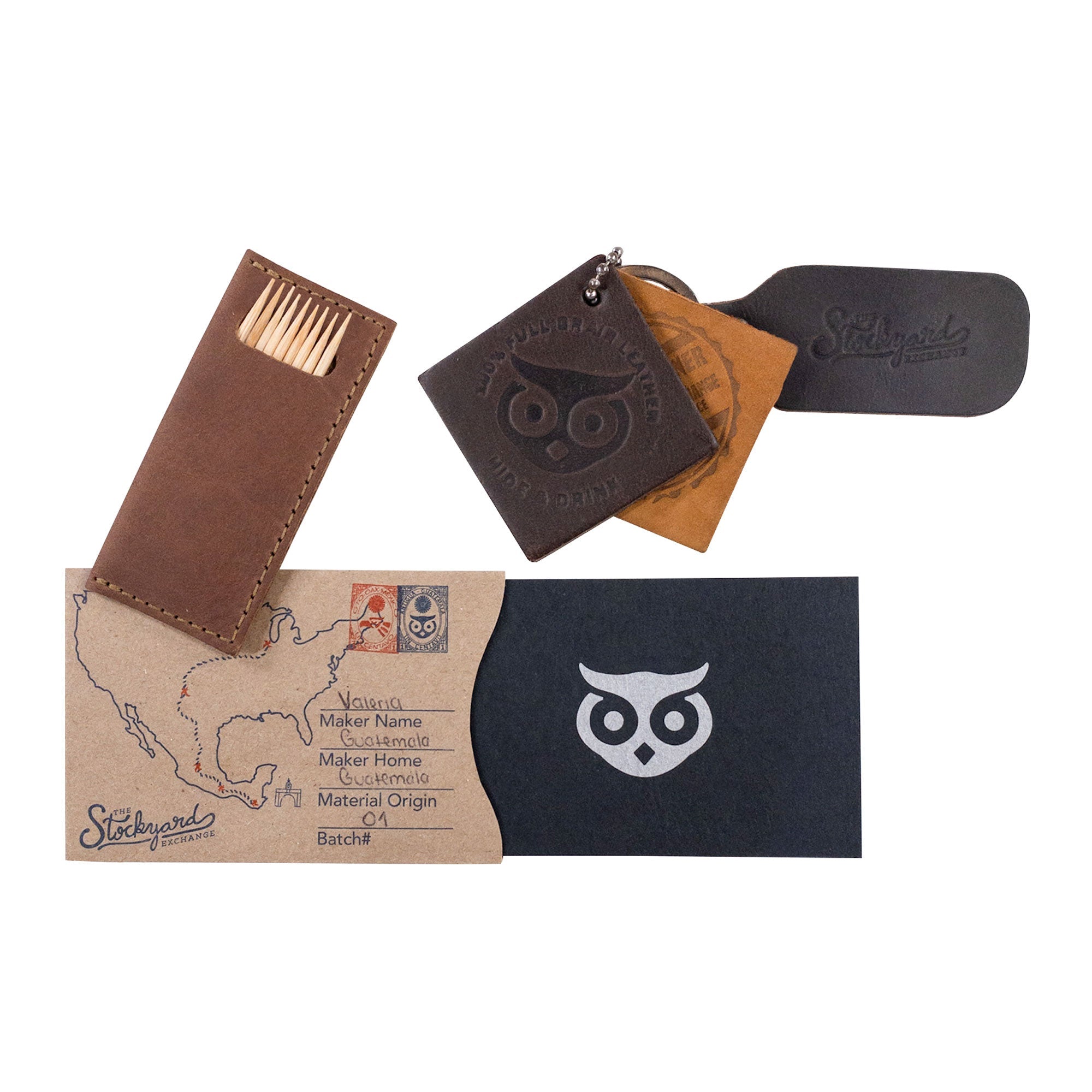 Hide & Drink Tooth Pick Case (4 Pack) with various styles of leather cases ready for toothpicks. Set of 4 Tooth Pick Cases, Cooking Accessories, Full Grain Leather, StockyardX, Small Batch Production, Hand Cut, Hand Sewn, Fire Branded, Artisan, Handmade in La Antigua Guatemala & Oaxaca Mexico.
