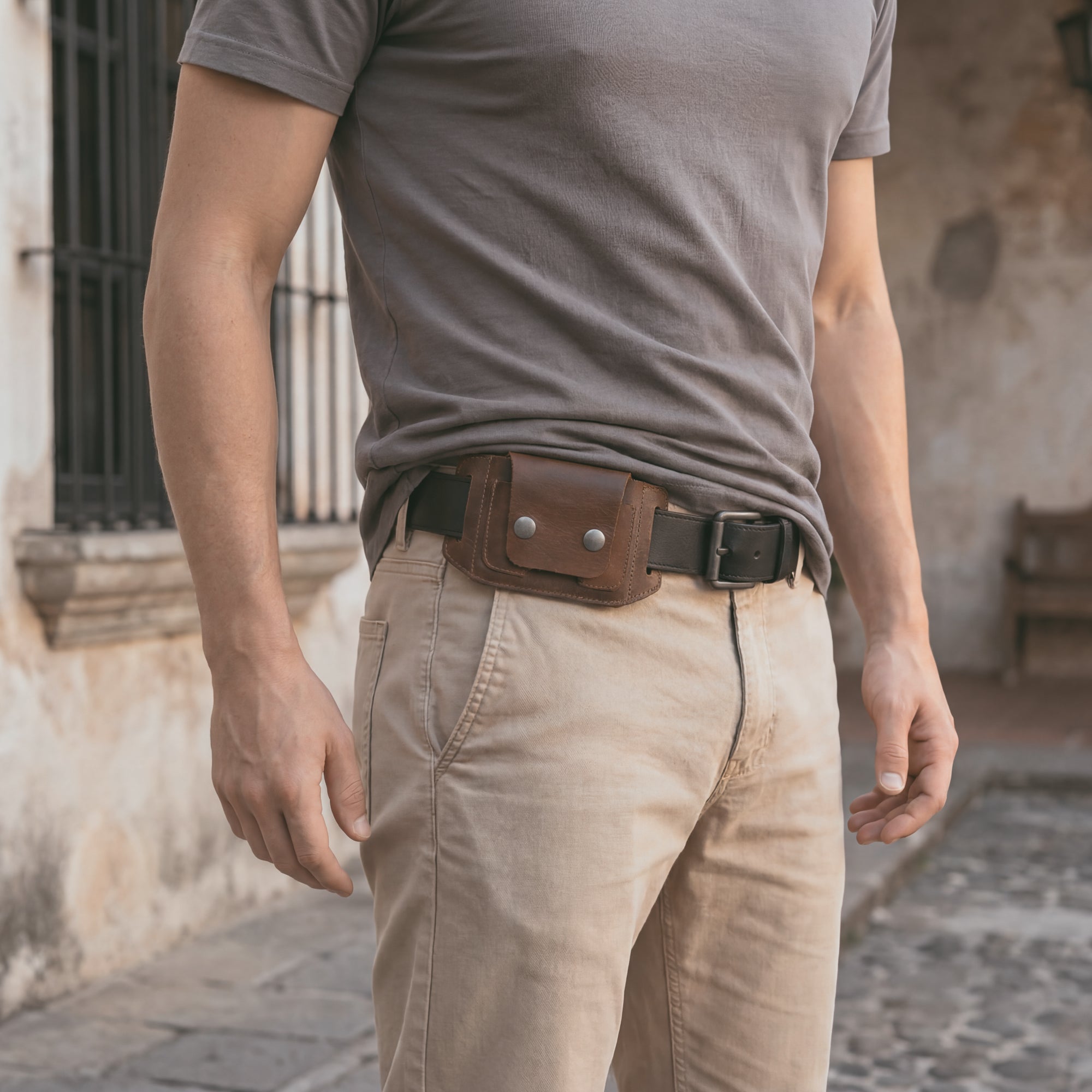Hide & Drink Tactical Card Holder styled on a pair of shorts, illustrating its convenience and functionality for everyday use. Made of premium full grain leather, this card holder offers secure card storage while remaining lightweight. The product highlights small batch production artistry, featuring hand cut and hand sewn elements, and fire branding. Artisan produced in La Antigua Guatemala & Oaxaca Mexico.
