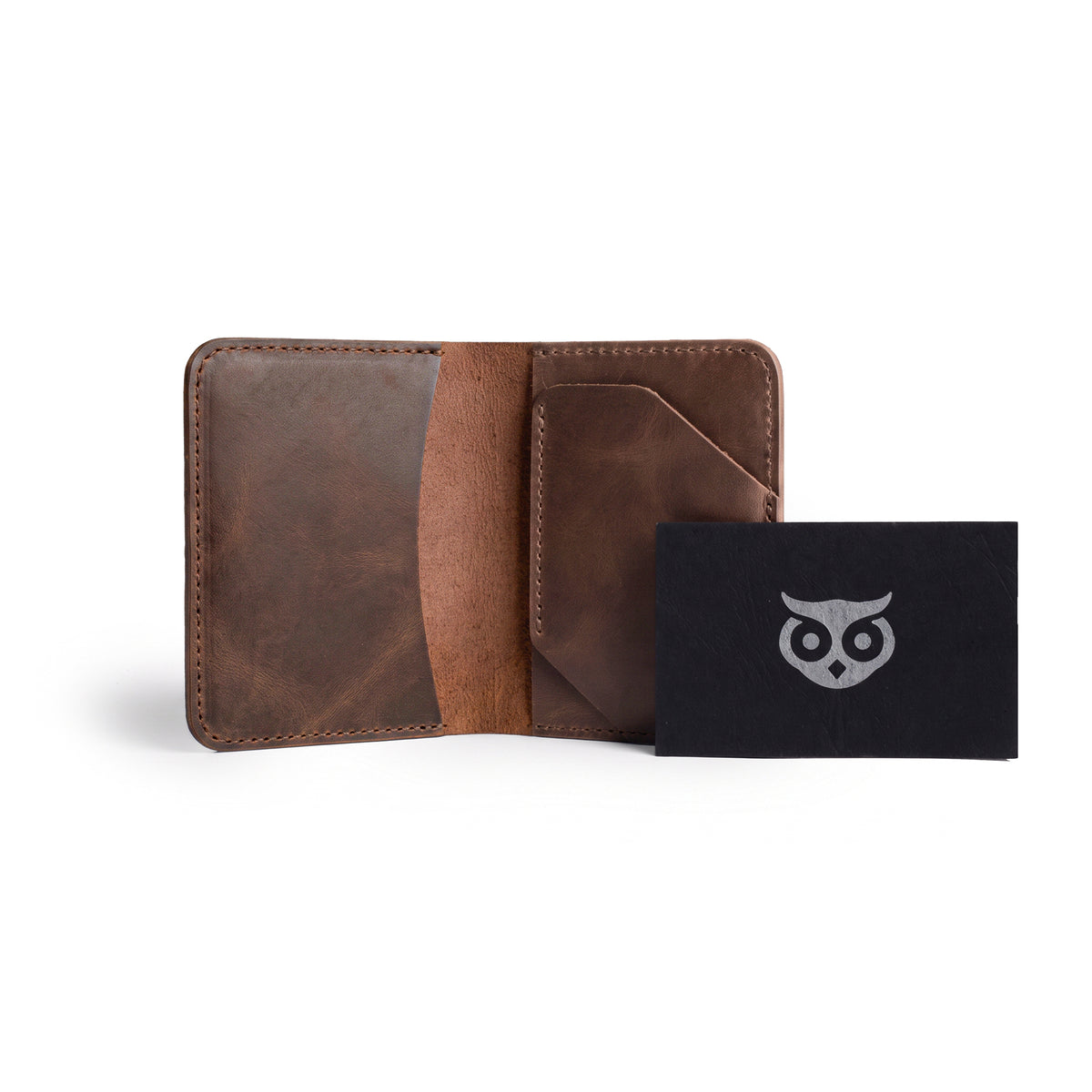 Product tag and Bi-Fold Card Wallet Diagonal by Hide & Drink, reflecting the brand's commitment to craftsmanship; ideal gift made from high-quality full grain leather, perfect for those seeking unique accessories.