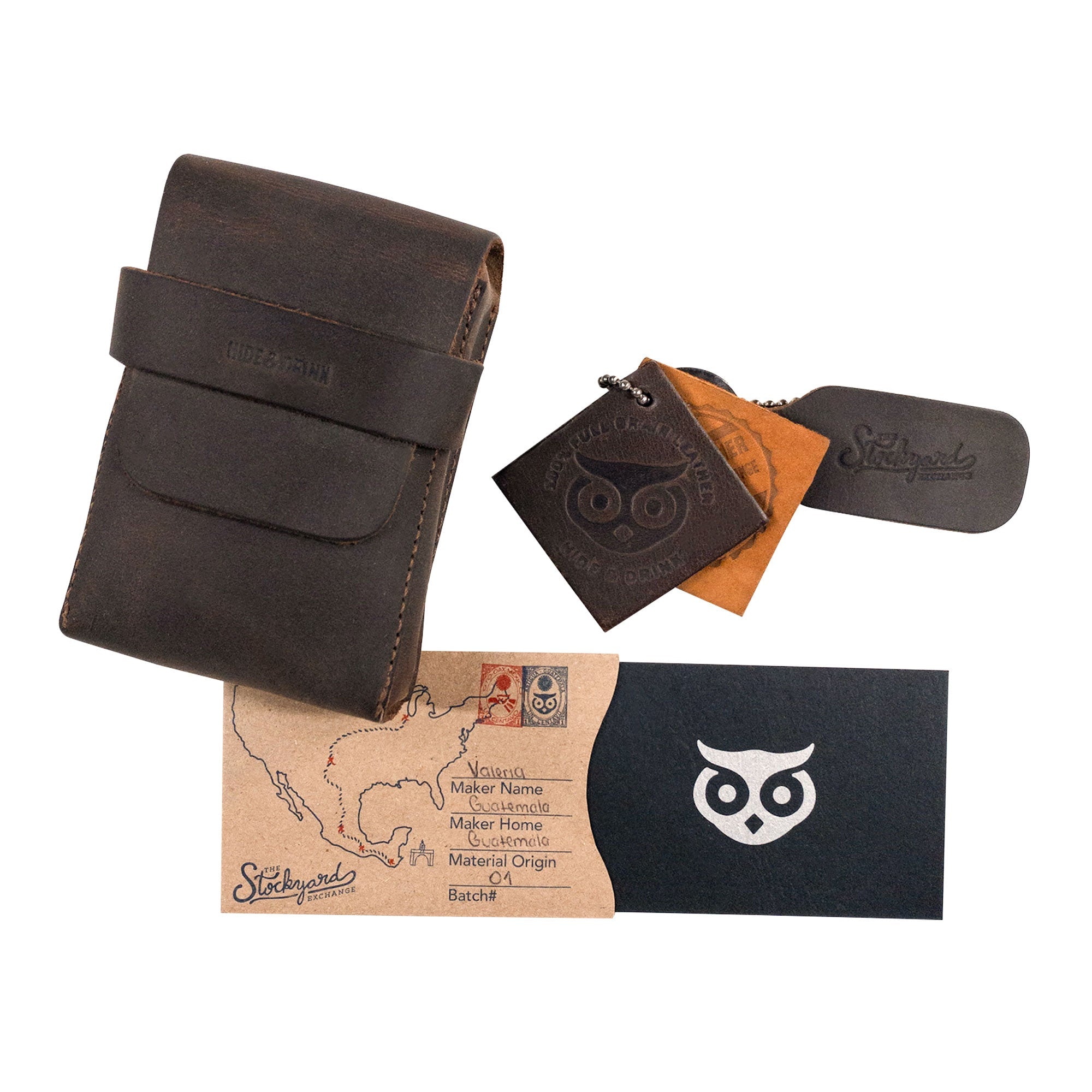 Complete set including Hide & Drink's Playing Card Case alongside branded information. This travel accessory exemplifies a classic case for playing cards (not included) and offers secure storage in stylish full grain leather. Inspired by artisan craftsmanship, this handmade piece from StockyardX showcases quality made in La Antigua Guatemala.